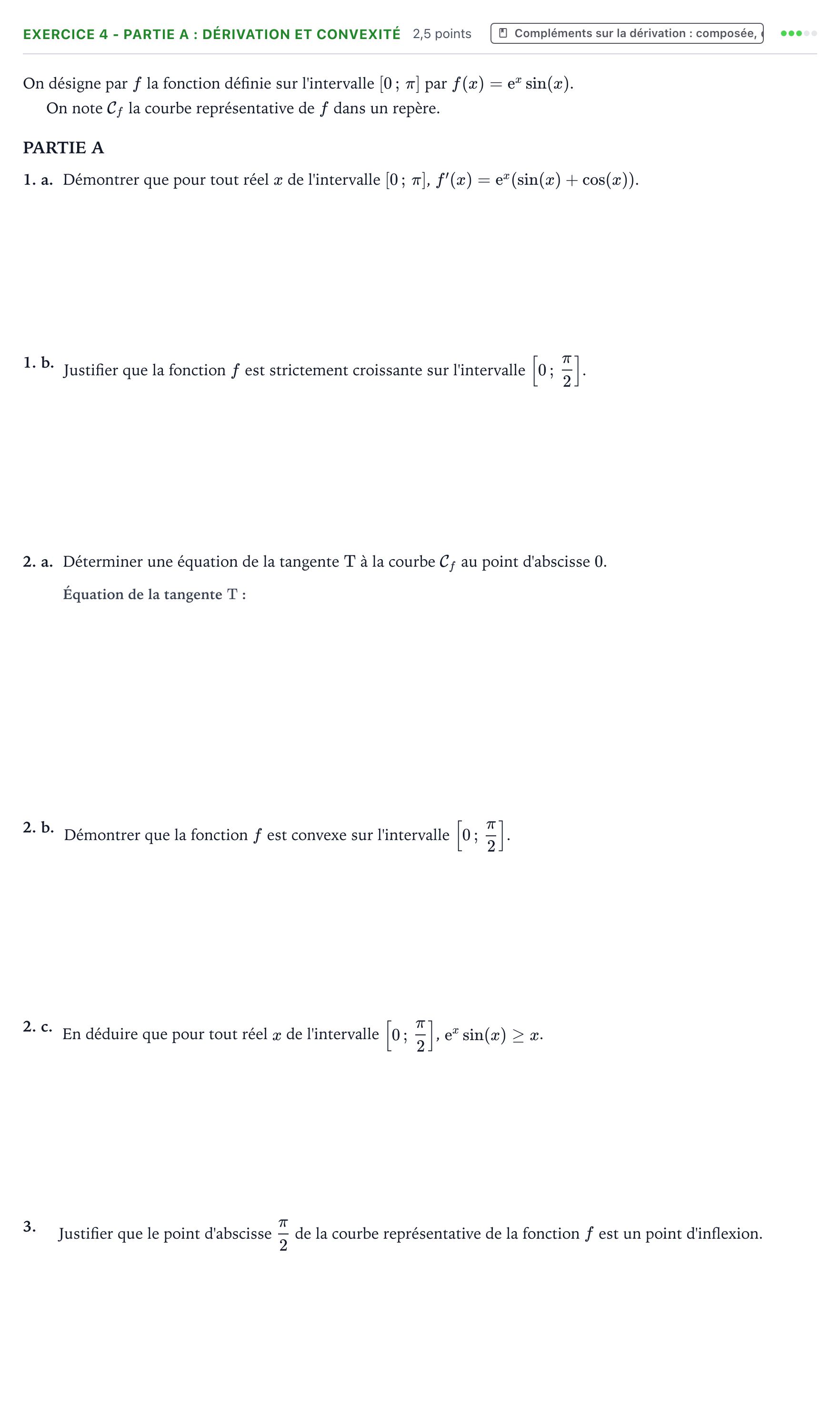 Énoncé: Exercice 4 - Partie A : Dérivation et convexité · Bac Mathématiques Amérique du Nord 2025 (jour 2)