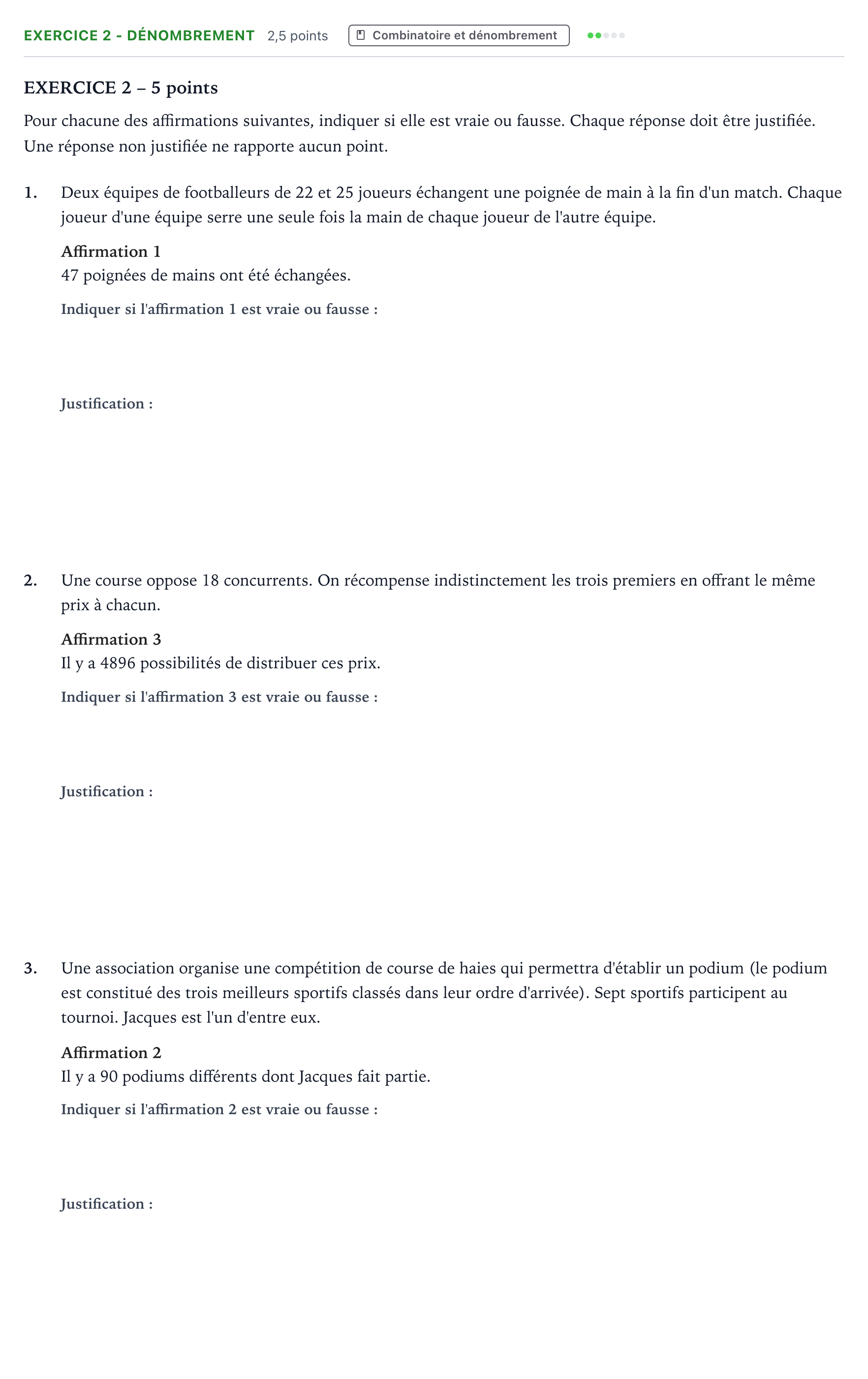 Énoncé: Exercice 2 - Dénombrement · Bac Mathématiques Amérique du Sud 2025 (jour 1)