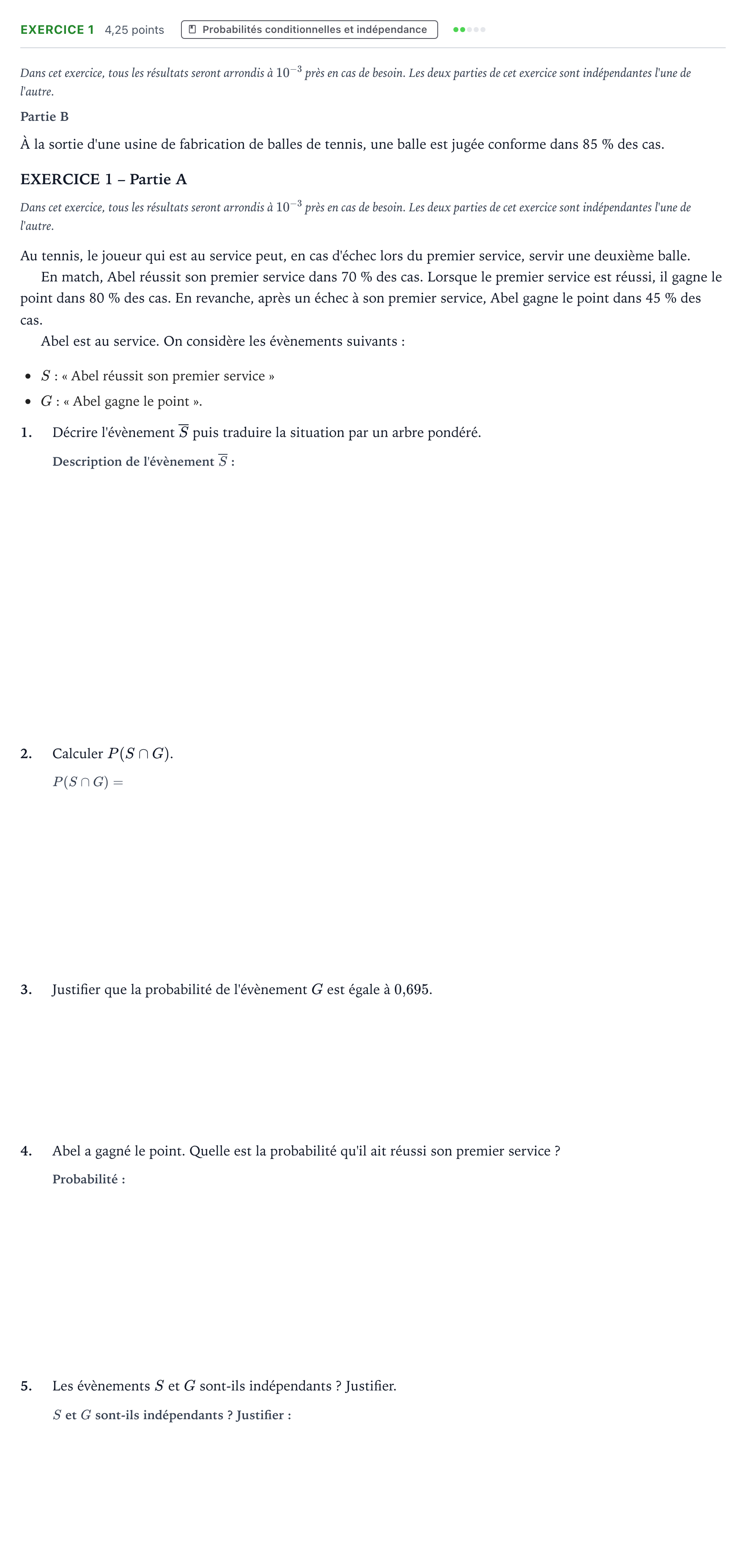 Énoncé: Exercice 1 - Probabilités conditionnelles et indépendance · Bac Mathématiques Amérique du Sud 2025 (jour 2)
