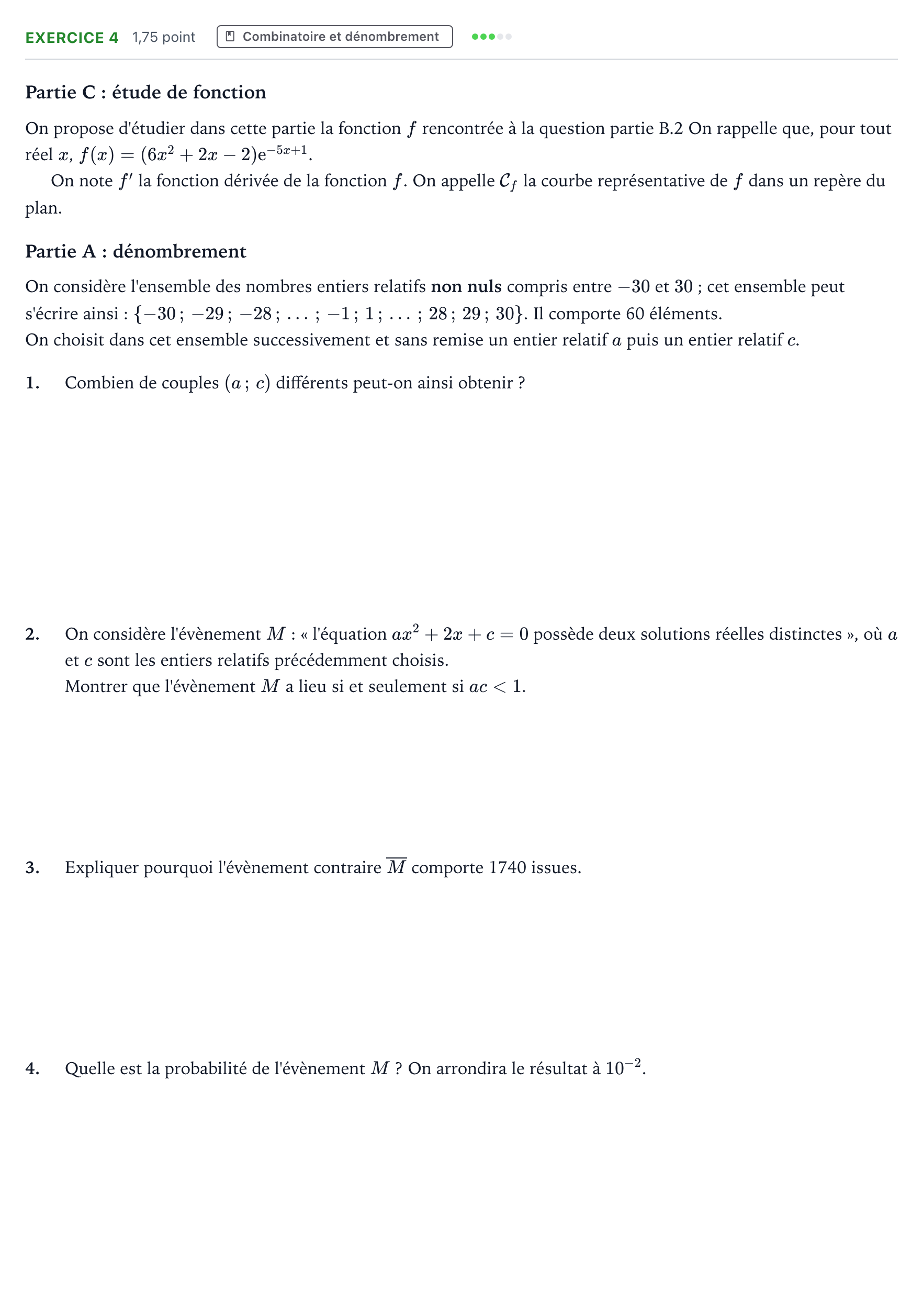 Énoncé: Exercice 4 - Combinatoire et dénombrement · Bac Mathématiques Amérique du Sud 2025 (jour 2)