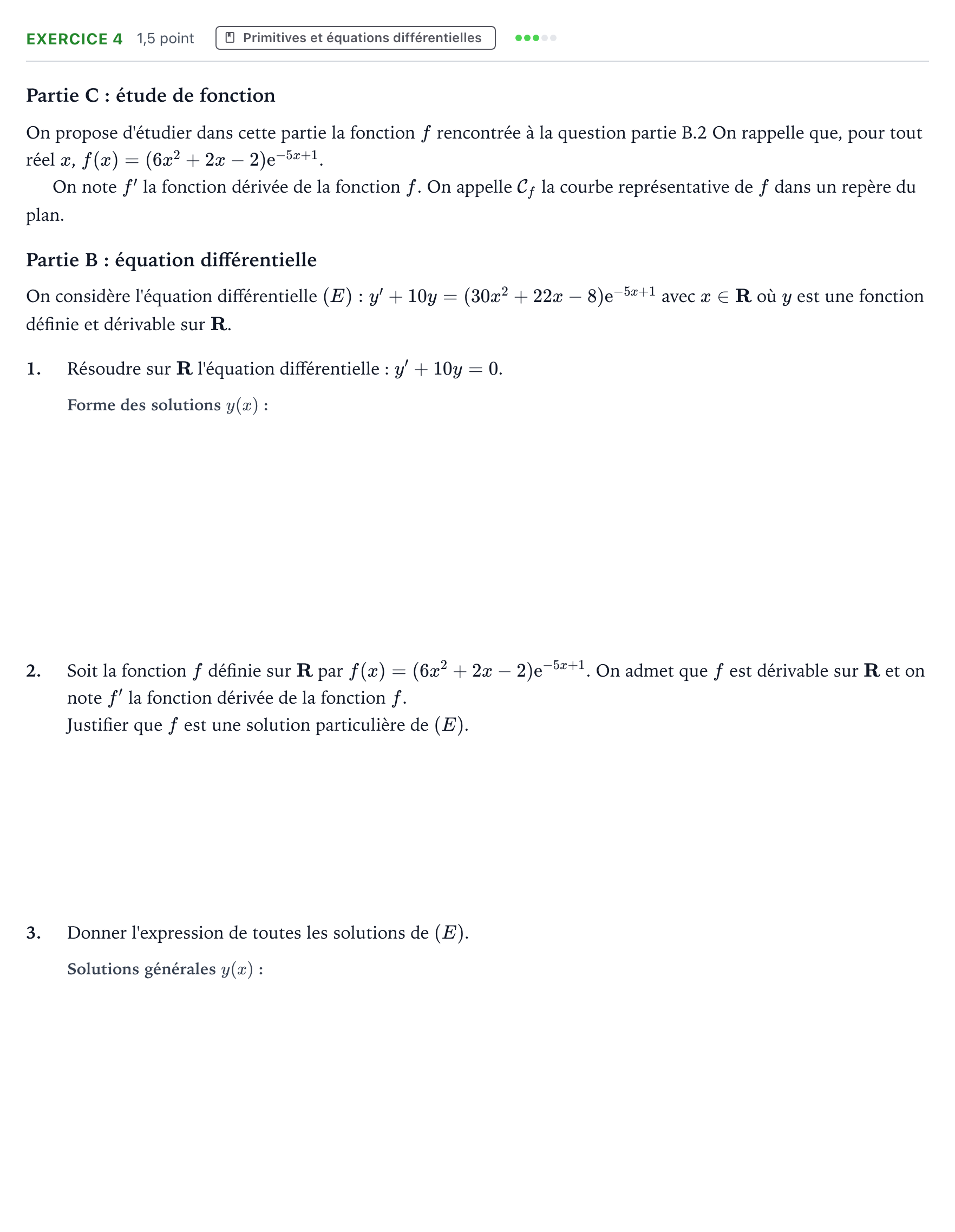 Énoncé: Exercice 4 - Primitives et équations différentielles · Bac Mathématiques Amérique du Sud 2025 (jour 2)