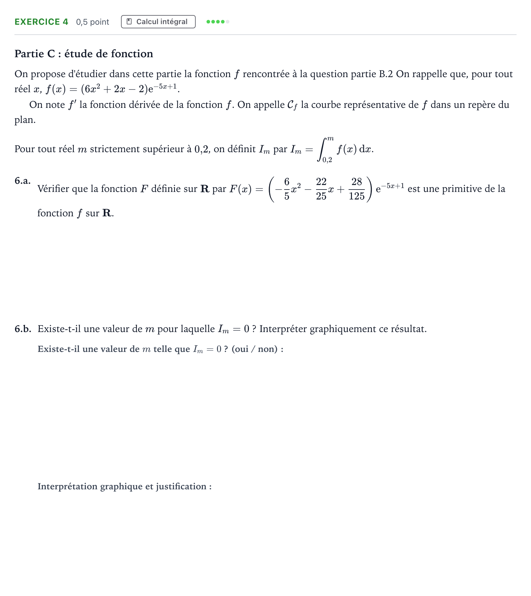 Énoncé: Exercice 4 - Calcul intégral · Bac Mathématiques Amérique du Sud 2025 (jour 2)