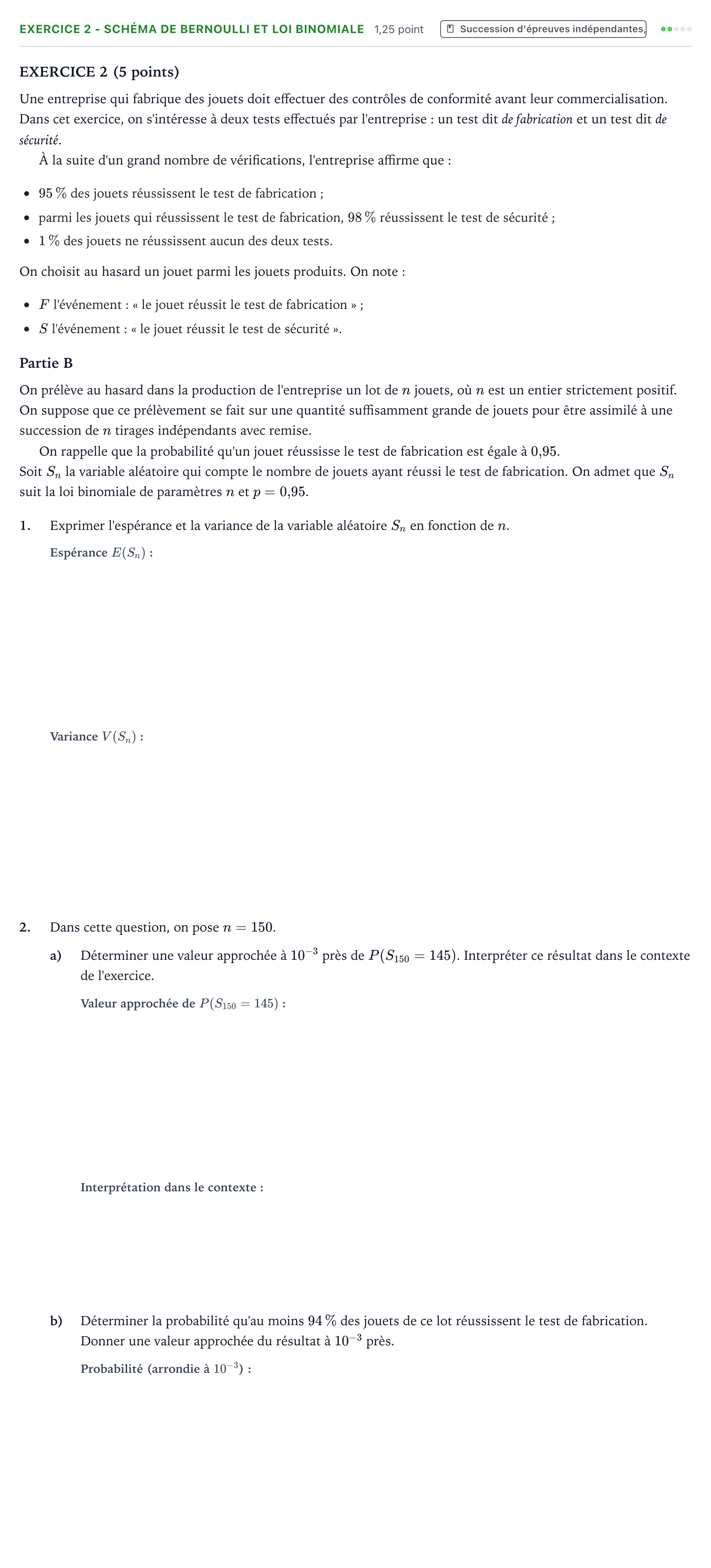 Énoncé: Exercice 2 - Schéma de Bernoulli et loi binomiale · Bac Mathématiques Asie 2025 (jour 1)