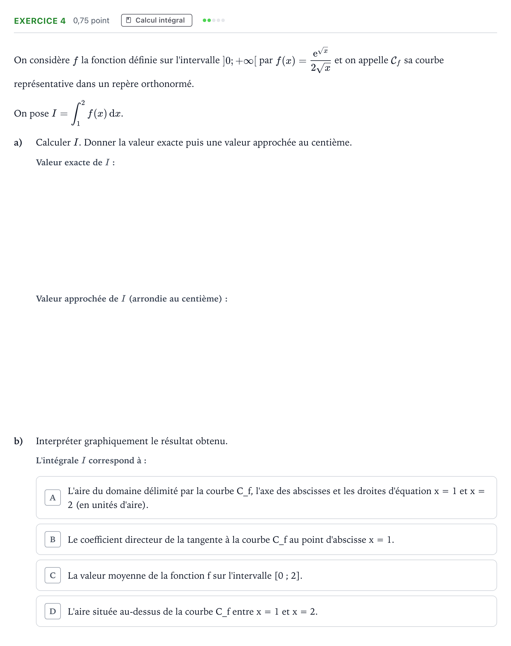 Énoncé: Exercice 4 - Calcul intégral · Bac Mathématiques Asie 2025 (jour 1)