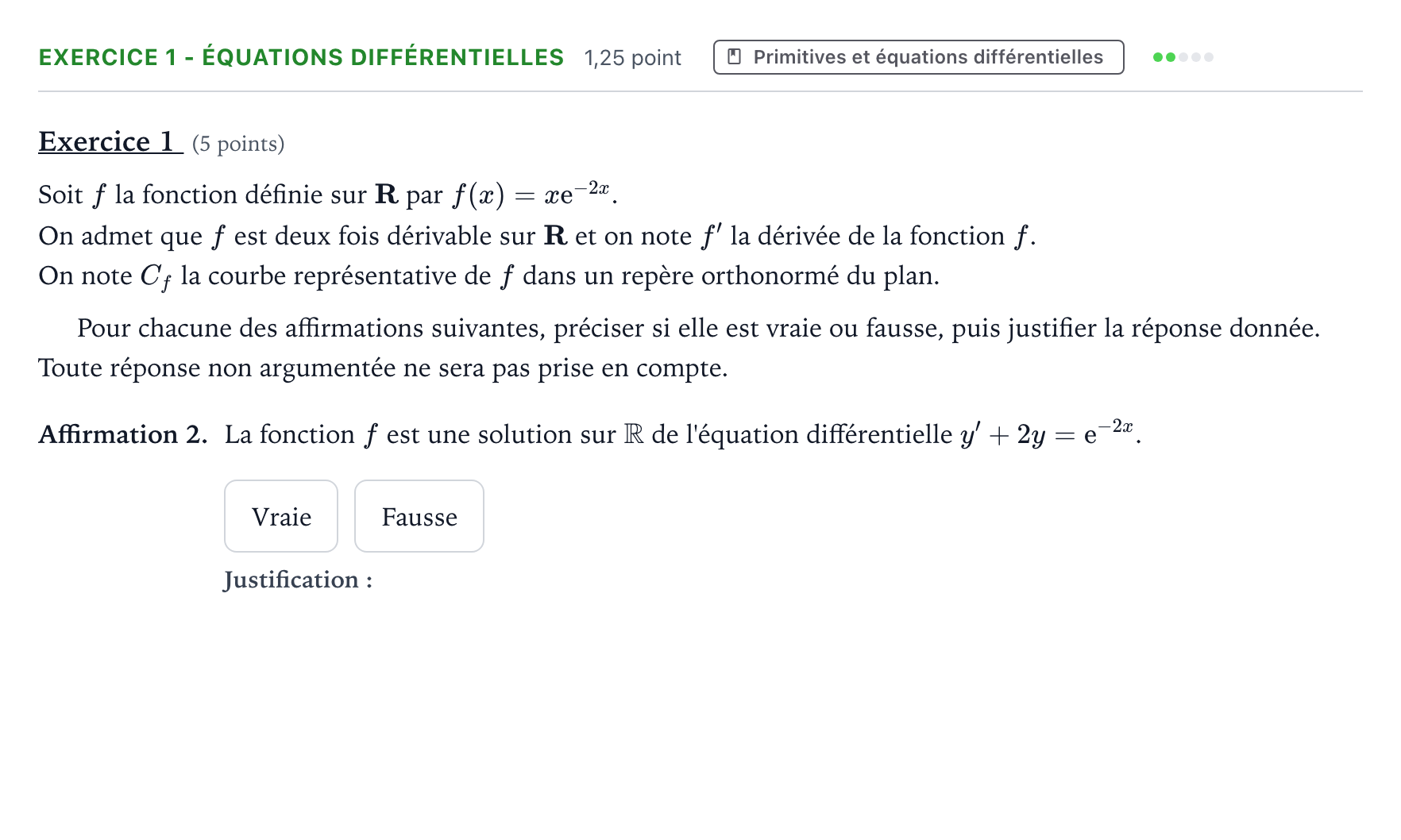 Énoncé: Exercice 1 - Équations différentielles · Bac Mathématiques Asie jour 1 - Remplacement 2025