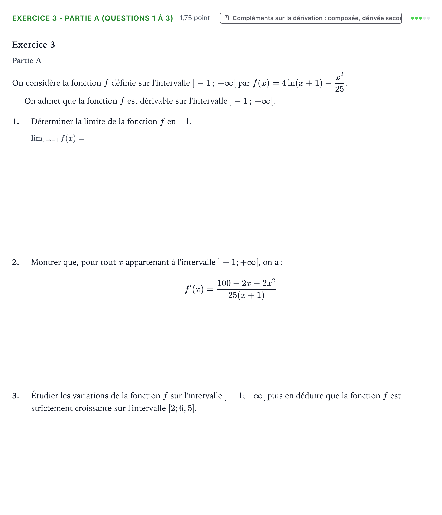 Énoncé: Exercice 3 - Partie A (questions 1 à 3) · Bac Mathématiques Centres étrangers (Afrique) 2025 (jour 1)
