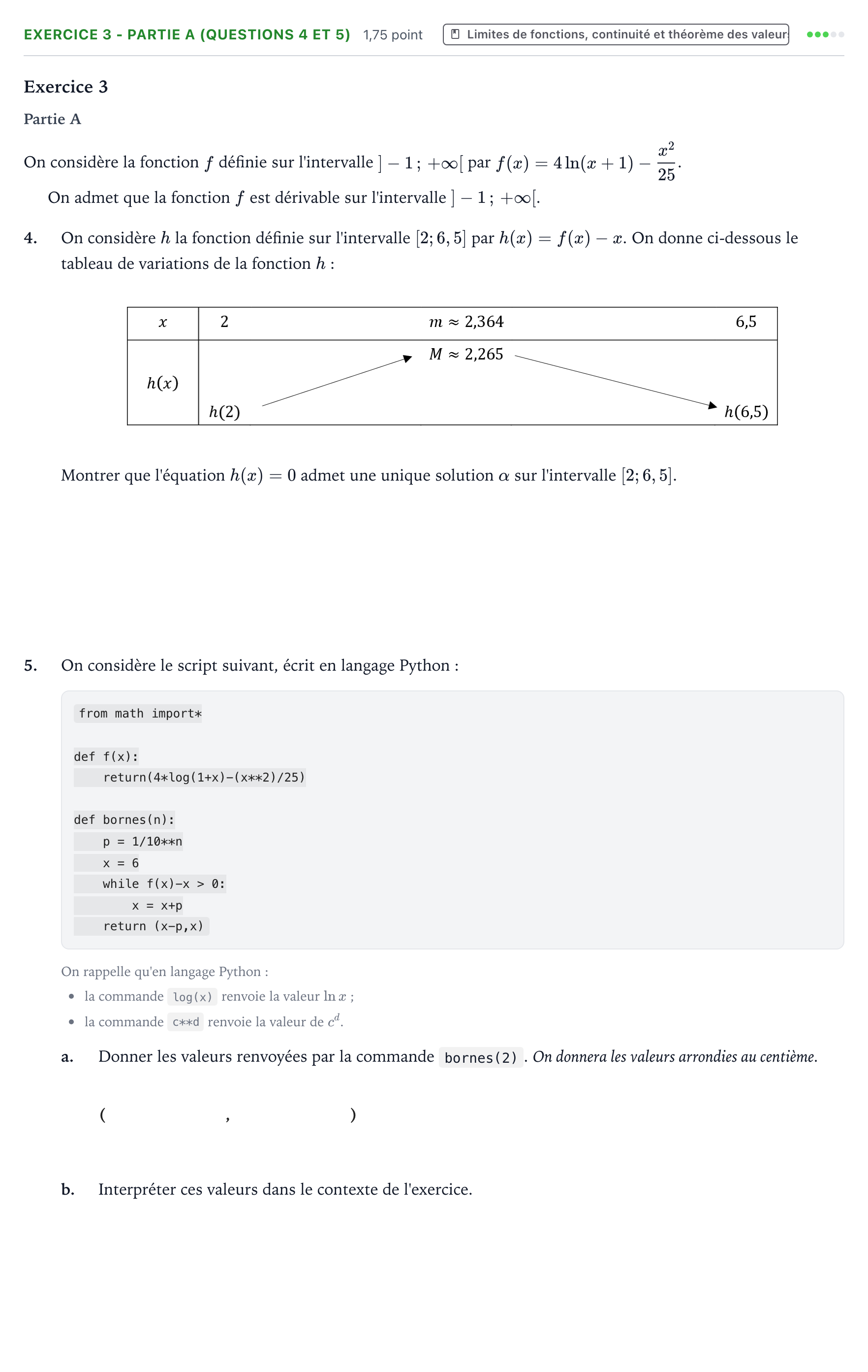 Énoncé: Exercice 3 - Partie A (questions 4 et 5) · Bac Mathématiques Centres étrangers (Afrique) 2025 (jour 1)