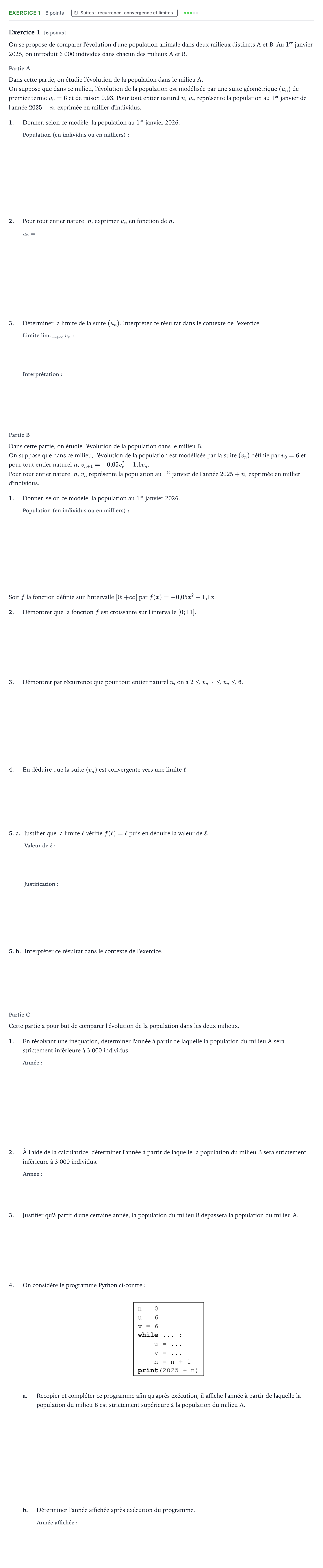 Énoncé: Exercice 1 · Bac Mathématiques Centres étrangers (Afrique) 2025 (jour 2)