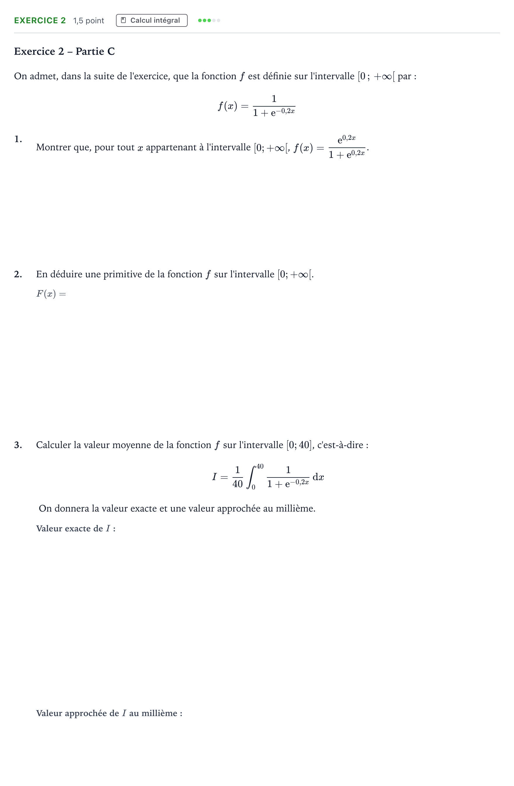 Énoncé: Exercice 2 - Calcul intégral · Bac Mathématiques Centres étrangers (Afrique) 2025 (jour 2)