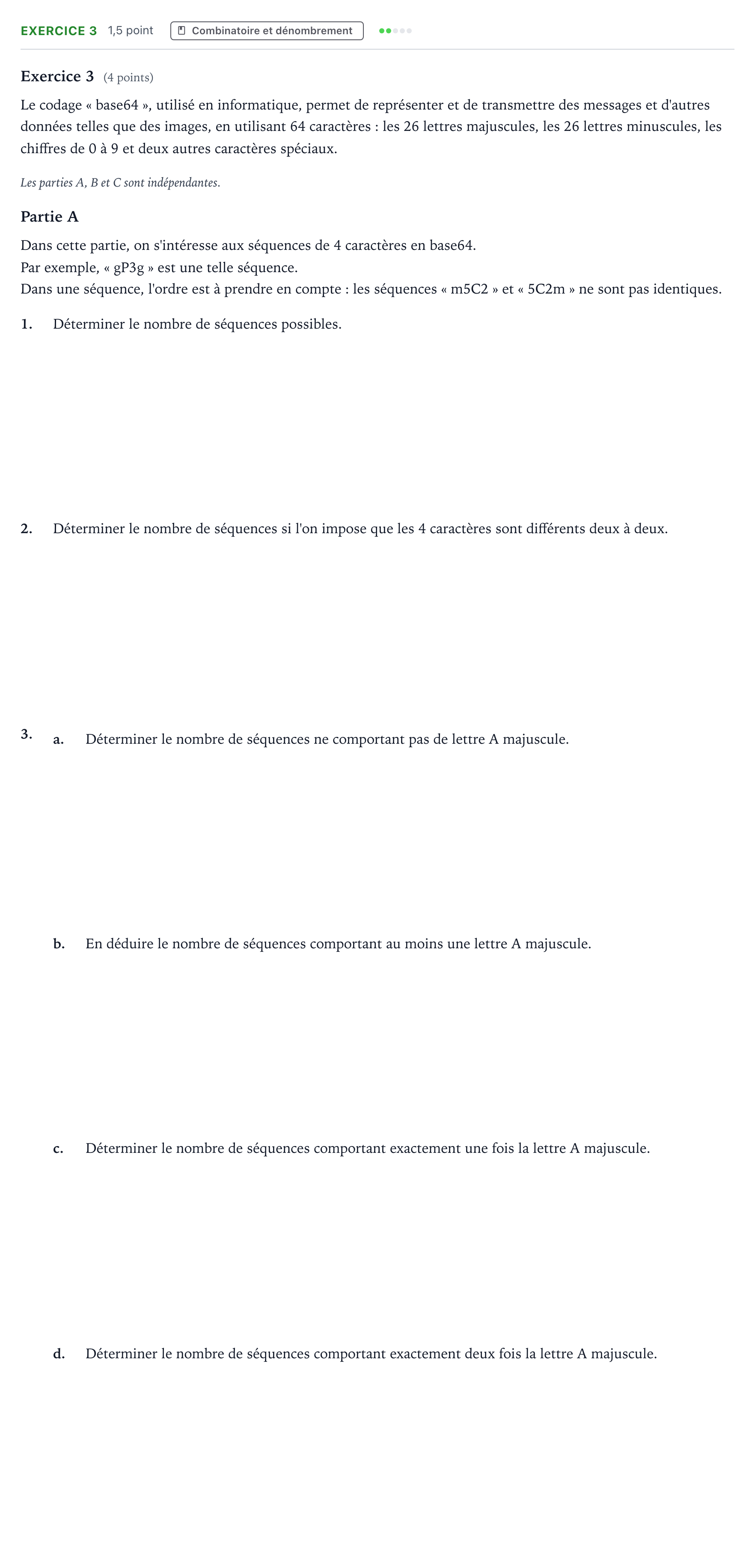 Énoncé: Exercice 3 - Combinatoire et dénombrement · Bac Mathématiques Centres étrangers (Afrique) 2025 (jour 2)