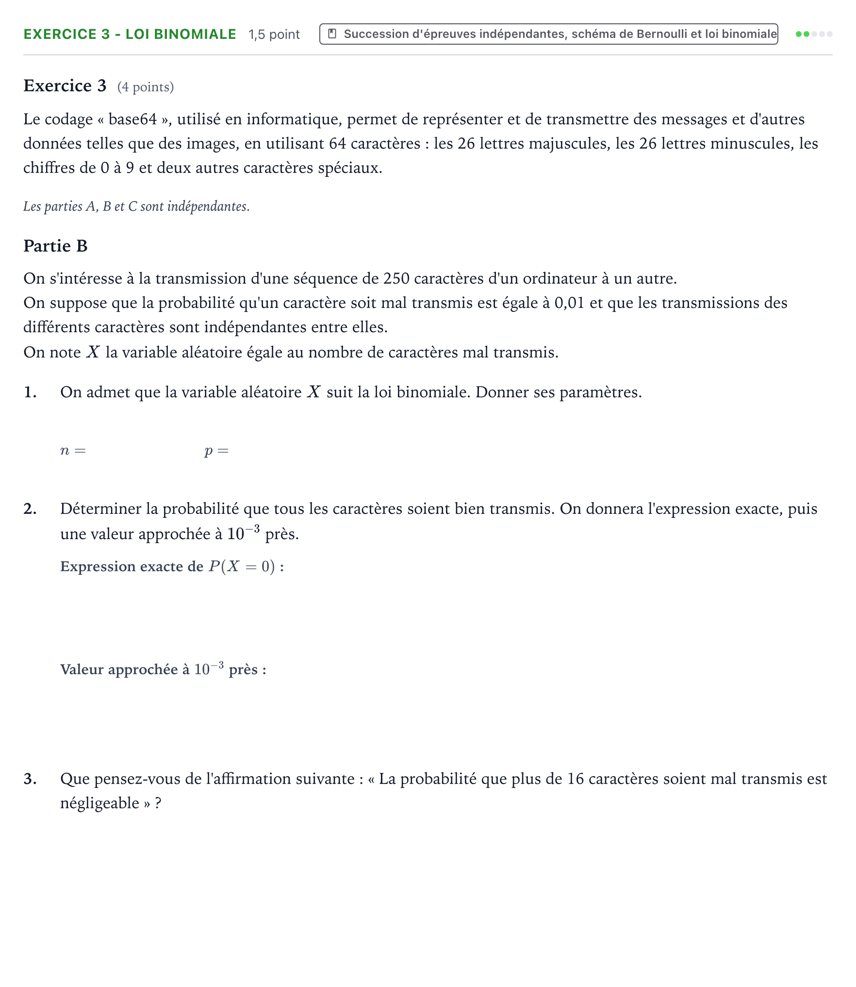 Énoncé: Exercice 3 - Loi binomiale · Bac Mathématiques Centres étrangers (Afrique) 2025 (jour 2)