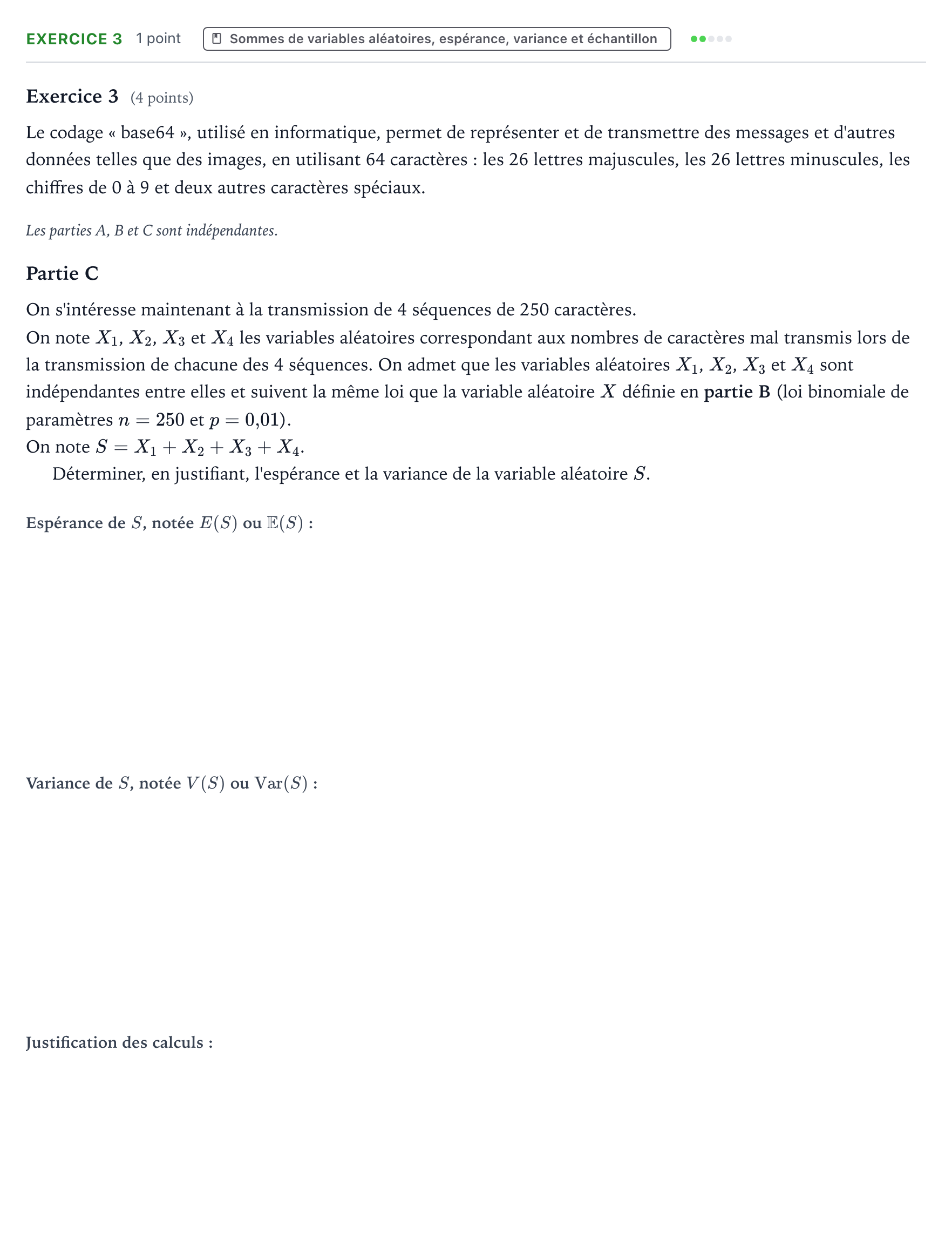 Énoncé: Exercice 3 - Sommes de variables aléatoires · Bac Mathématiques Centres étrangers (Afrique) 2025 (jour 2)