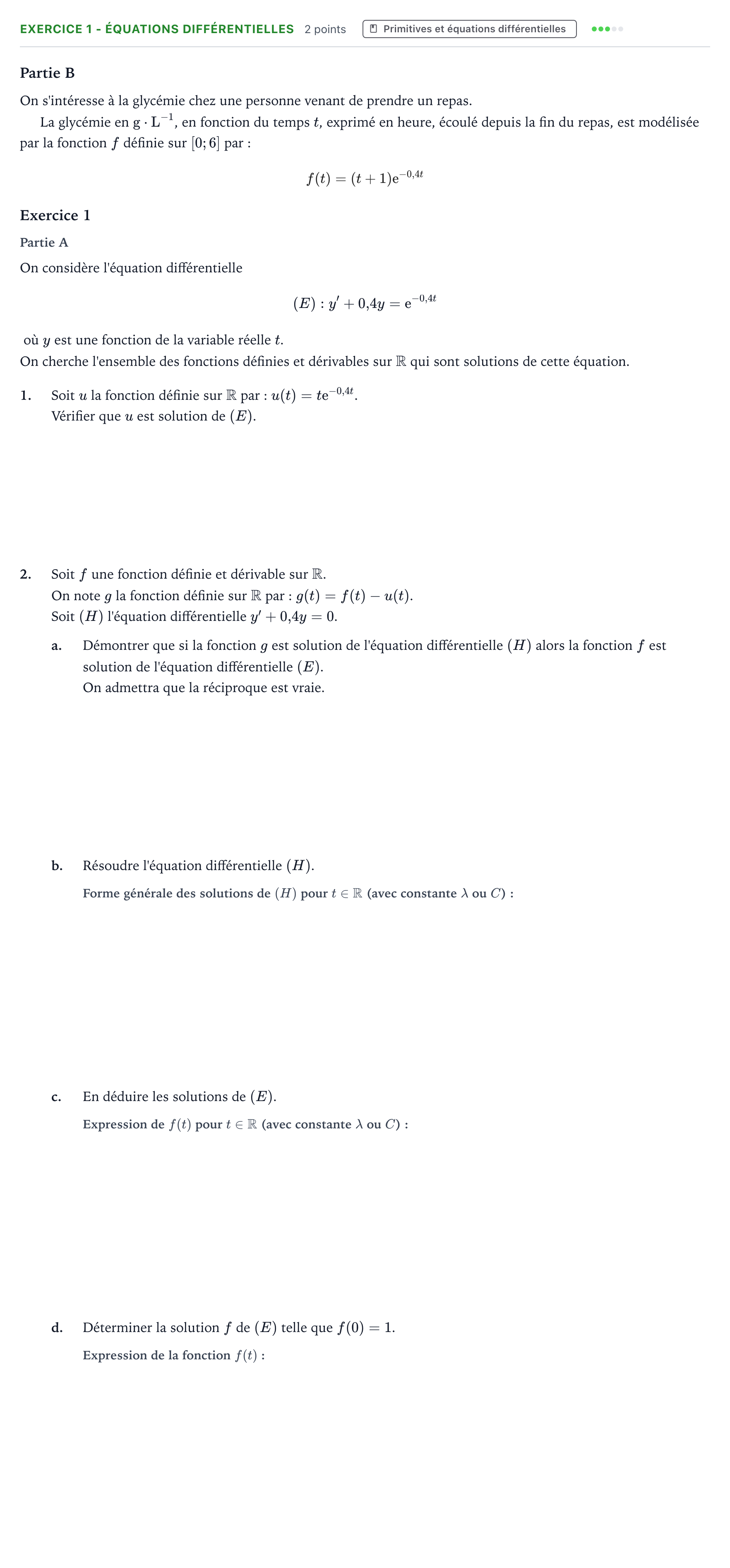 Énoncé: Exercice 1 - Équations différentielles · Bac Mathématiques Métropole 1 remplacement 2025