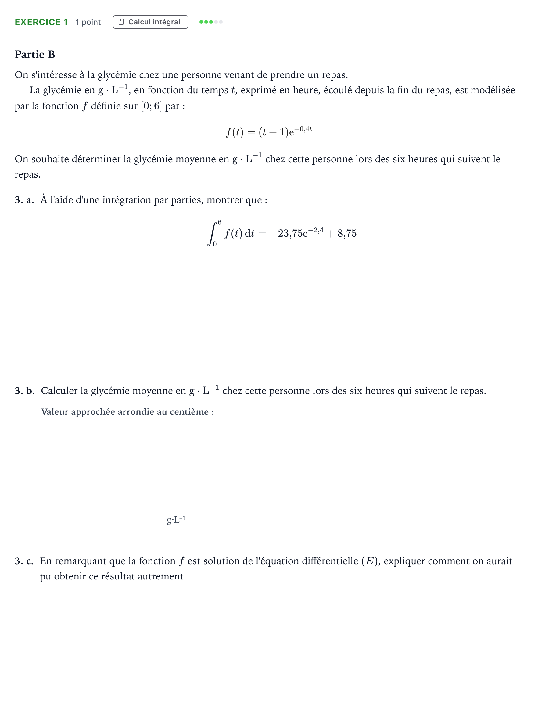Énoncé: Exercice 1 - Calcul intégral · Bac Mathématiques Métropole 1 remplacement 2025