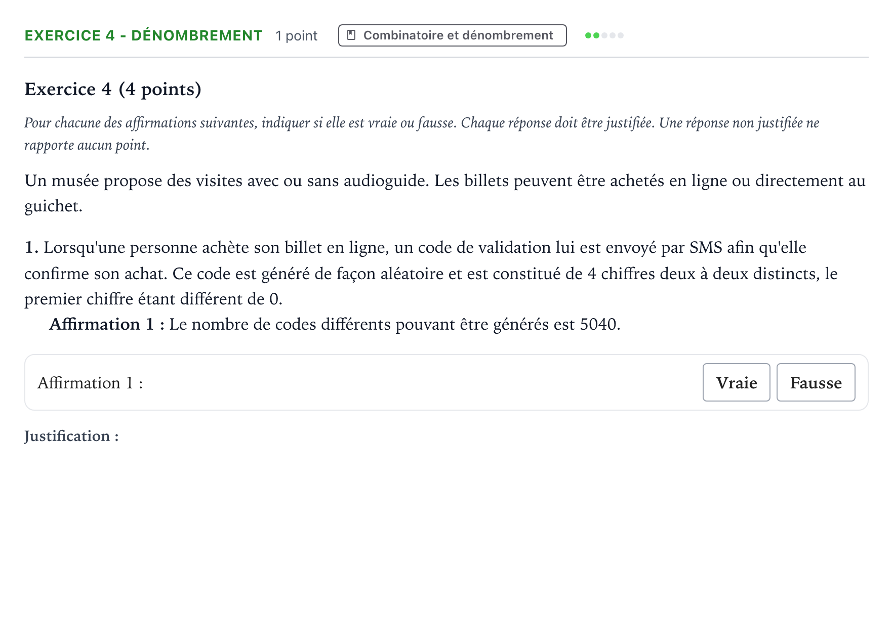 Énoncé: Exercice 4 - Dénombrement · Bac Mathématiques Métropole 1 remplacement 2025