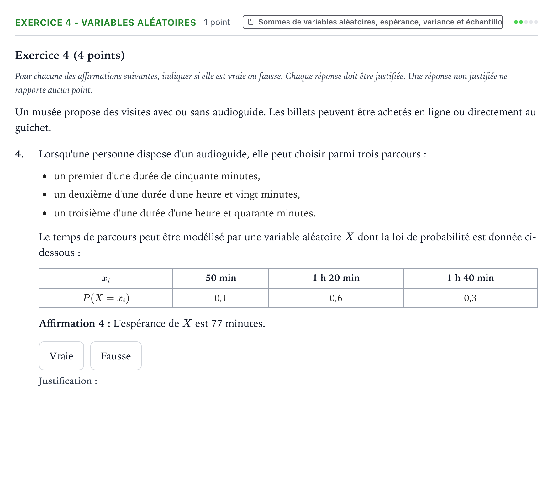 Énoncé: Exercice 4 - Variables aléatoires · Bac Mathématiques Métropole 1 remplacement 2025