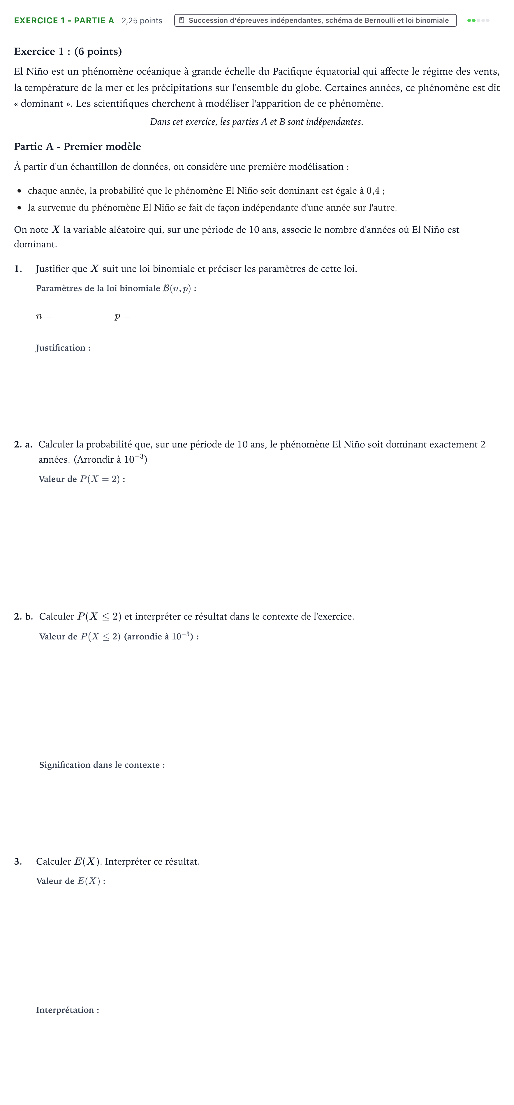 Énoncé: Exercice 1 - Partie A · Bac Mathématiques Métropole 2 remplacement 2025