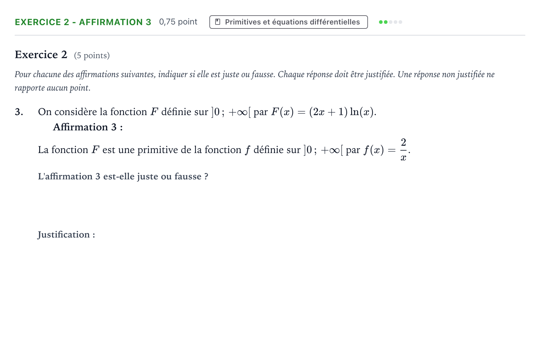 Énoncé: Exercice 2 - Affirmation 3 · Bac Mathématiques Métropole 2 remplacement 2025