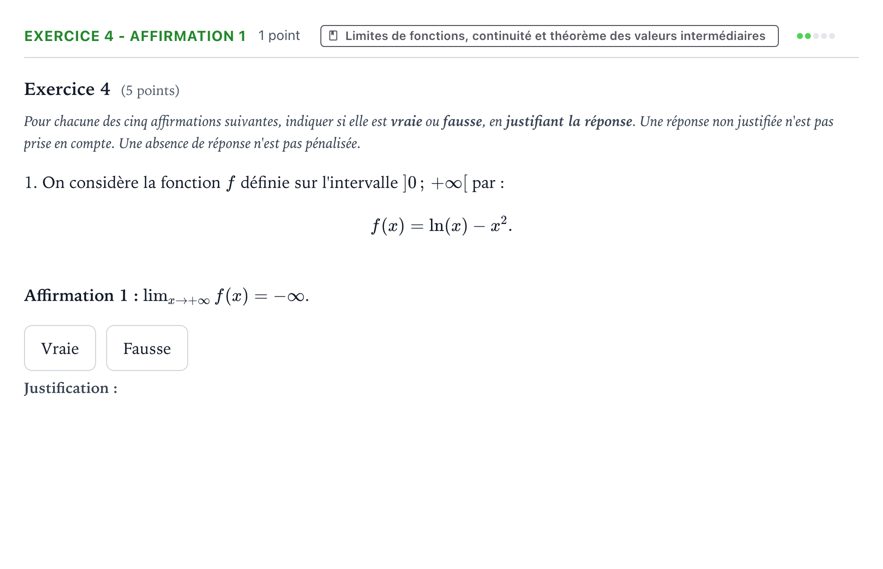 Énoncé: Exercice 4 - Affirmation 1 · Bac Mathématiques Nouvelle-Calédonie 2025 (jour 1)