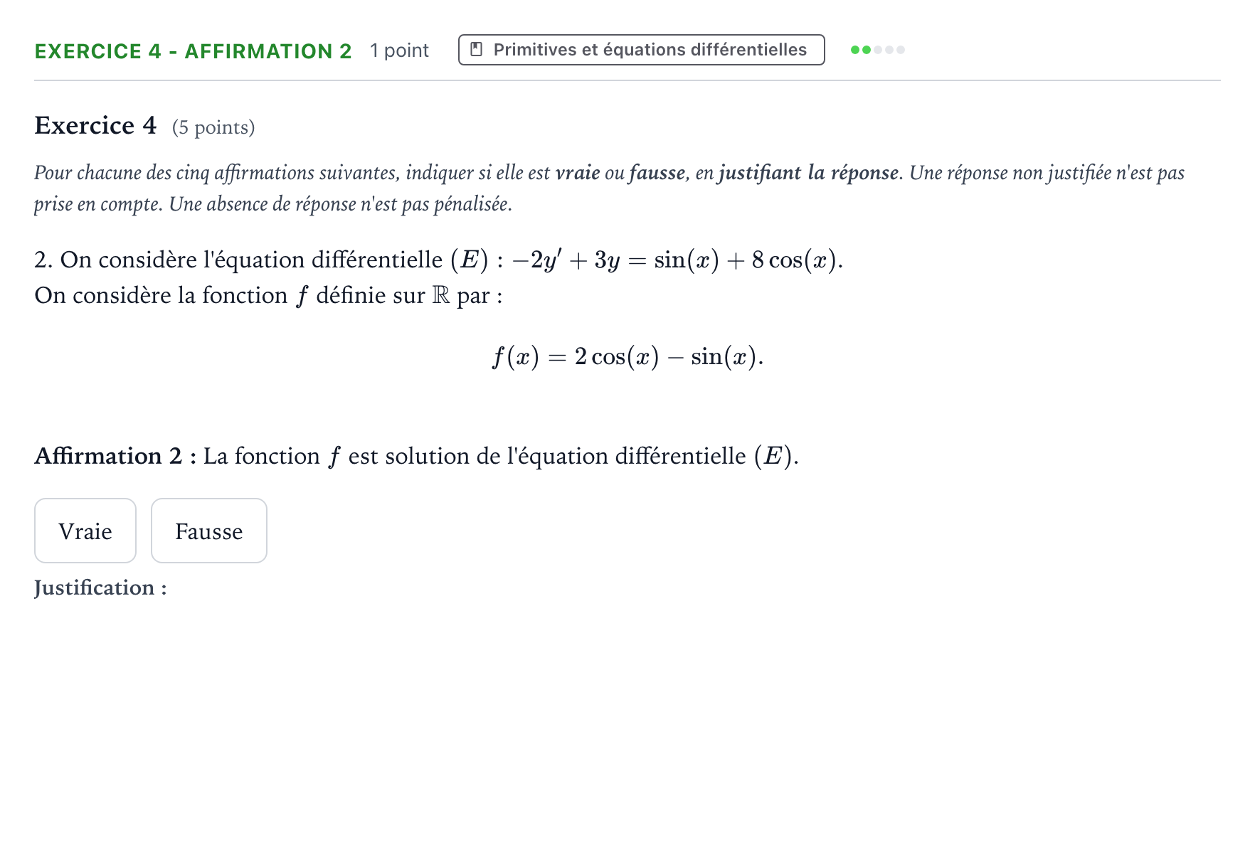 Énoncé: Exercice 4 - Affirmation 2 · Bac Mathématiques Nouvelle-Calédonie 2025 (jour 1)