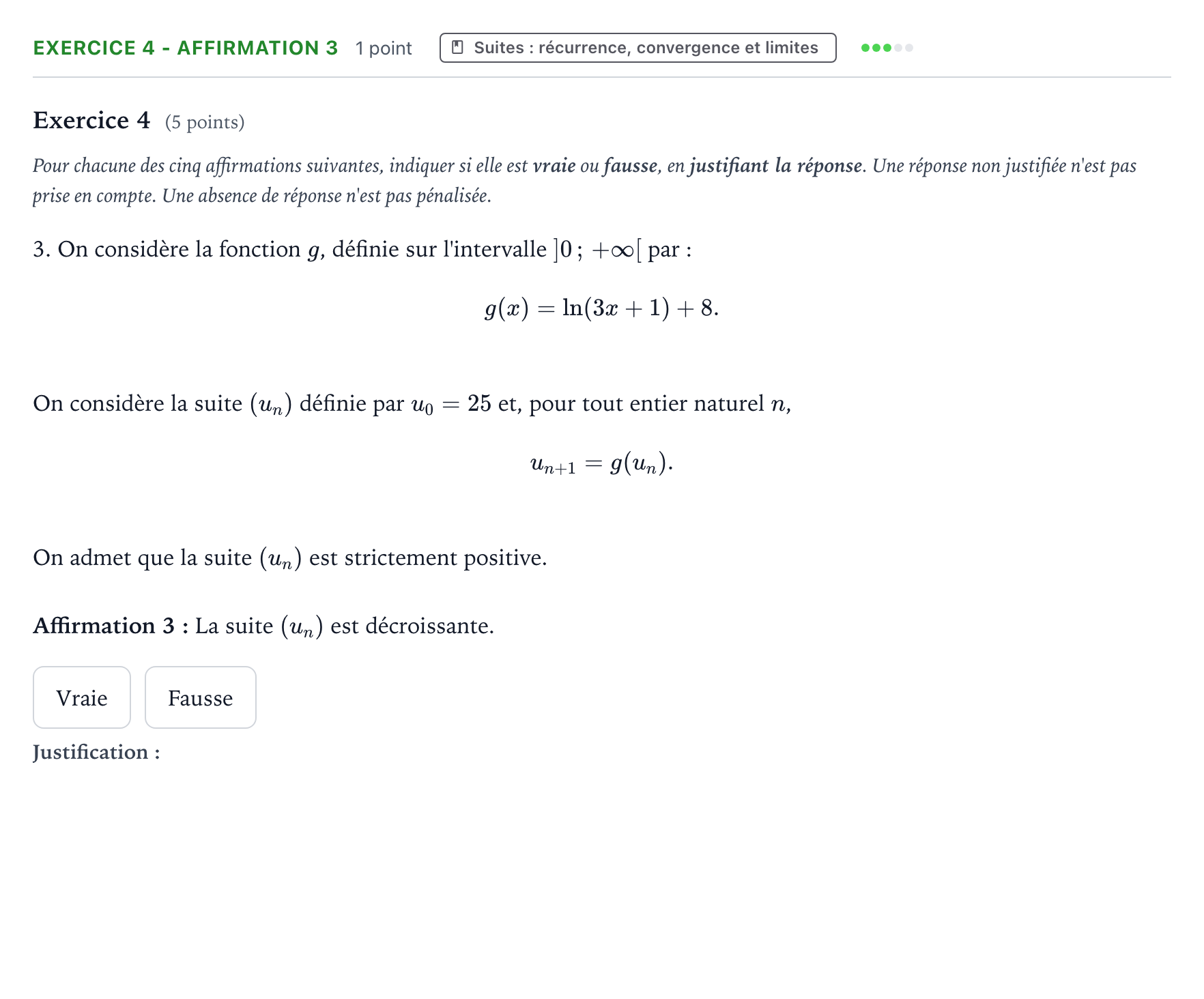 Énoncé: Exercice 4 - Affirmation 3 · Bac Mathématiques Nouvelle-Calédonie 2025 (jour 1)