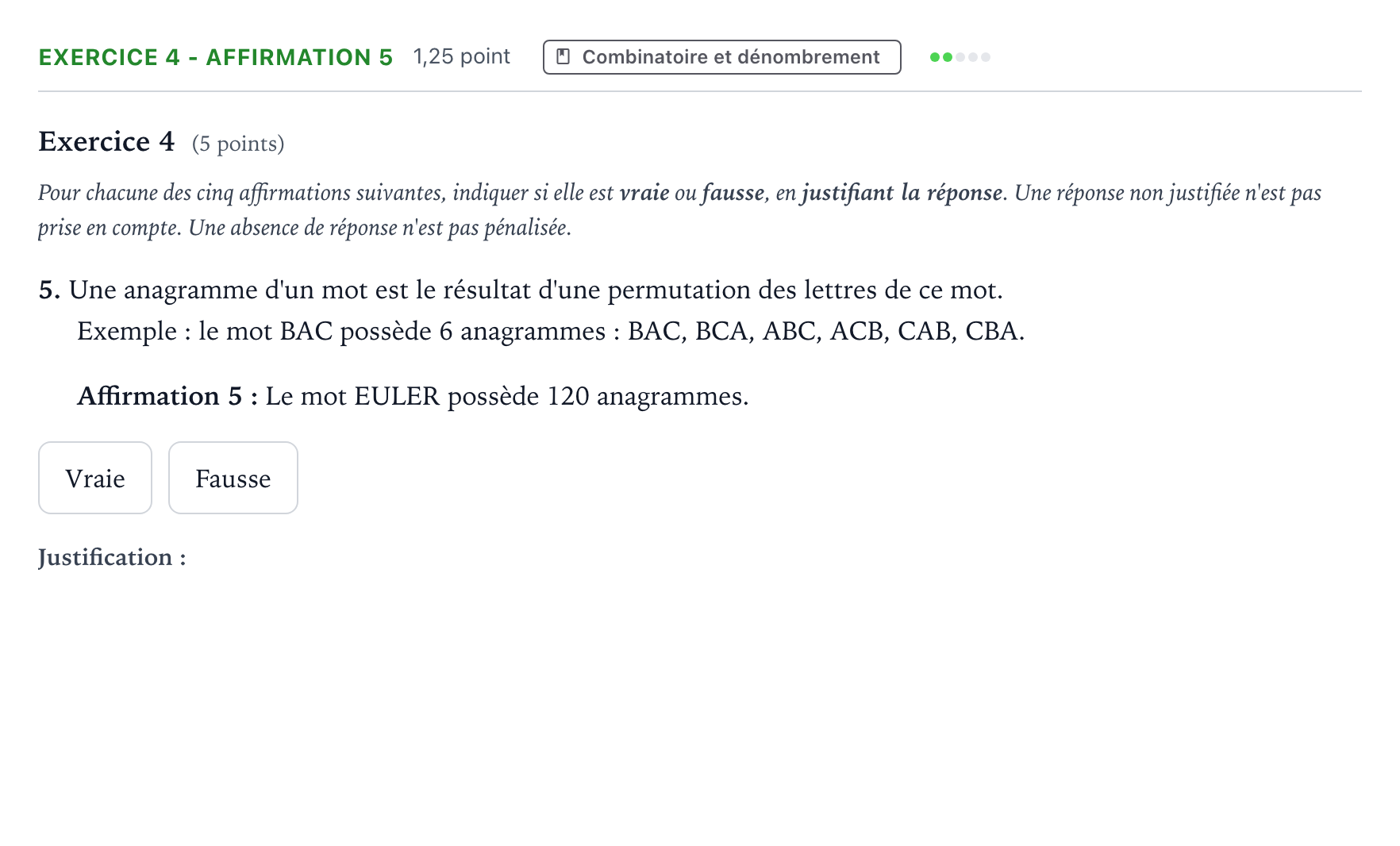 Énoncé: Exercice 4 - Affirmation 5 · Bac Mathématiques Nouvelle-Calédonie 2025 (jour 1)