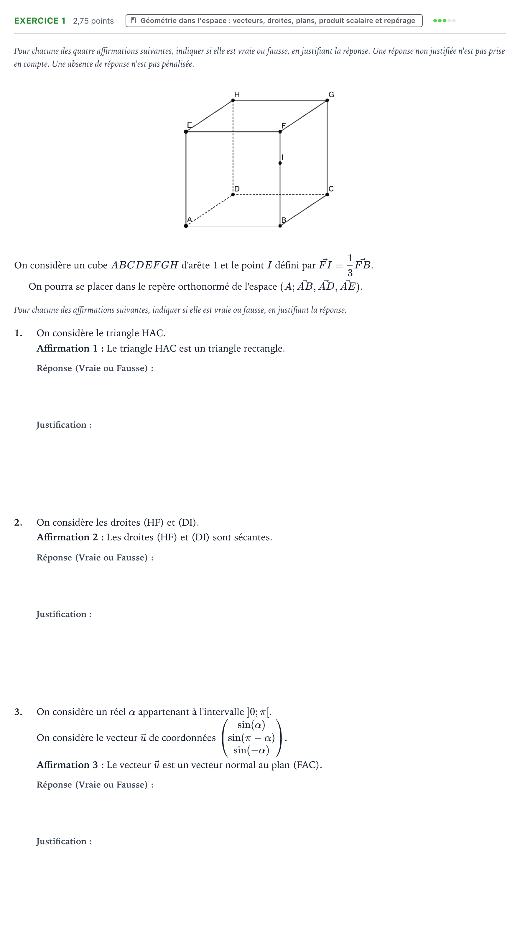 Énoncé: Exercice 1 - Géométrie dans l'espace · Bac Mathématiques Nouvelle-Calédonie 2025 (jour 2)