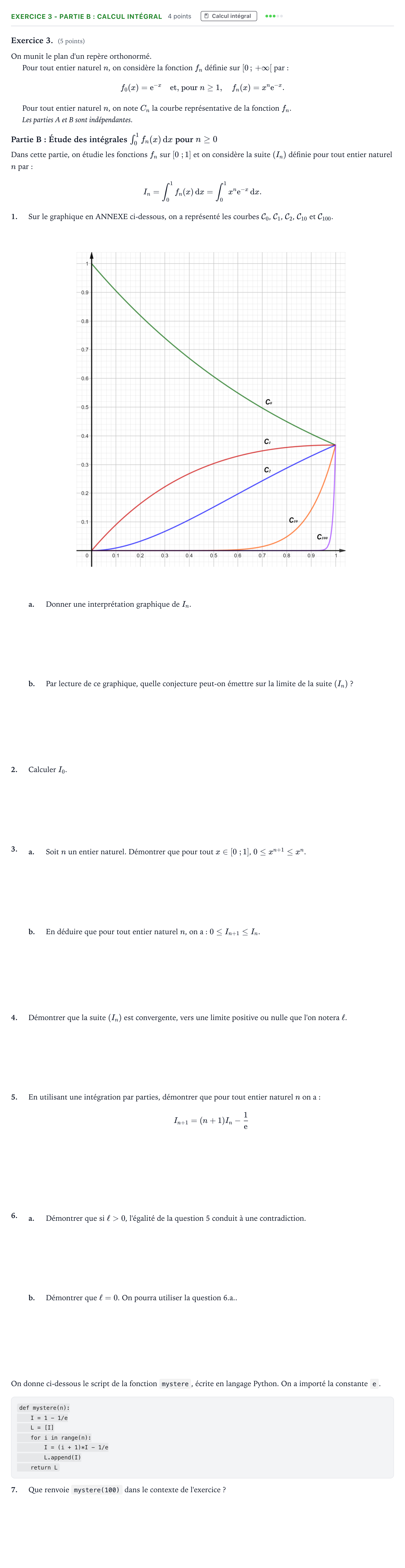 Énoncé: Exercice 3 - Partie B : Calcul intégral · Bac Mathématiques Polynésie 2025 (jour 1)