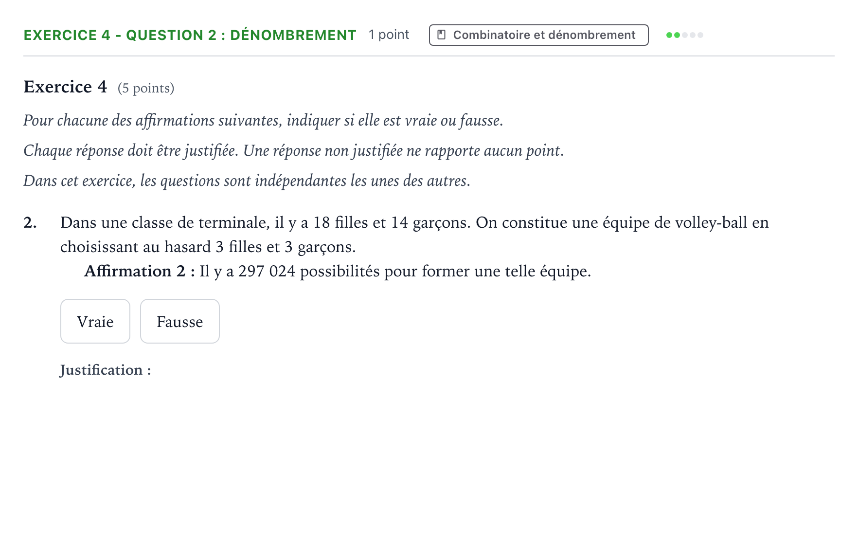 Énoncé: Exercice 4 - Question 2 : Dénombrement · Bac Mathématiques Polynésie 2025 (jour 1)
