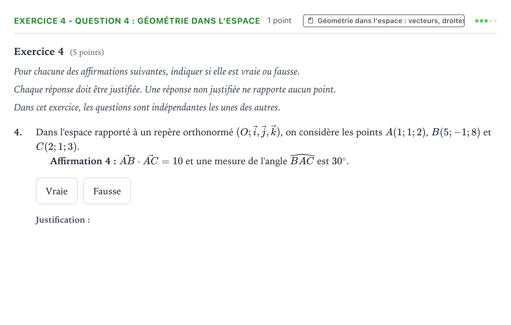 Énoncé: Exercice 4 - Question 4 : Géométrie dans l'espace · Bac Mathématiques Polynésie 2025 (jour 1)