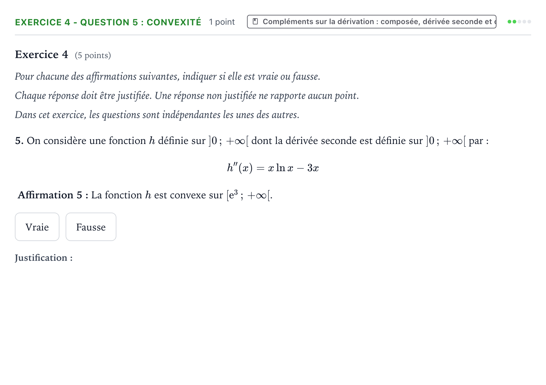 Énoncé: Exercice 4 - Question 5 : Convexité · Bac Mathématiques Polynésie 2025 (jour 1)