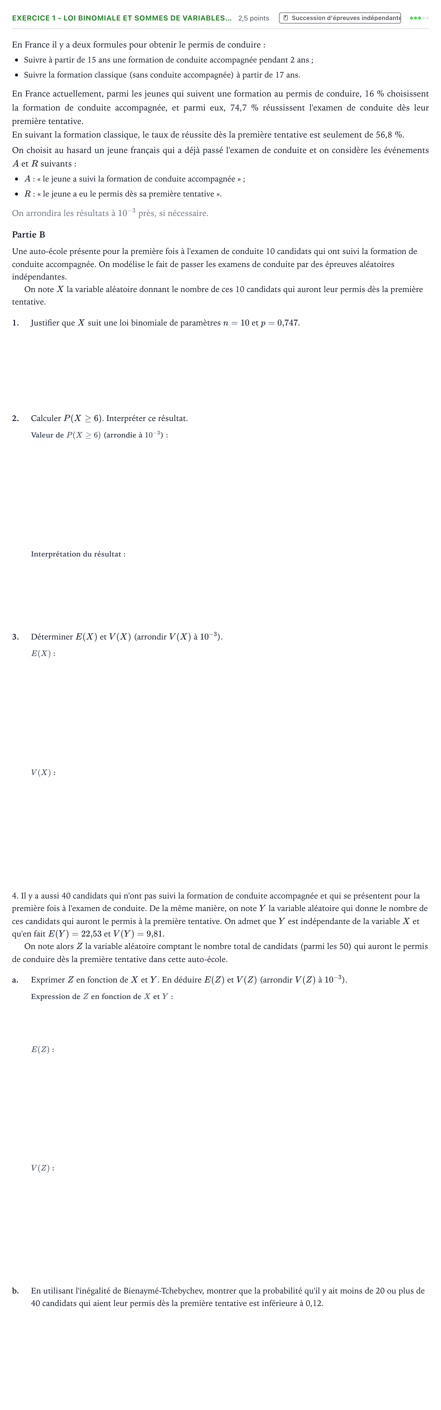 Énoncé: Exercice 1 - Loi binomiale et sommes de variables… · Bac Mathématiques Polynésie jour 1 - Remplacement 2025
