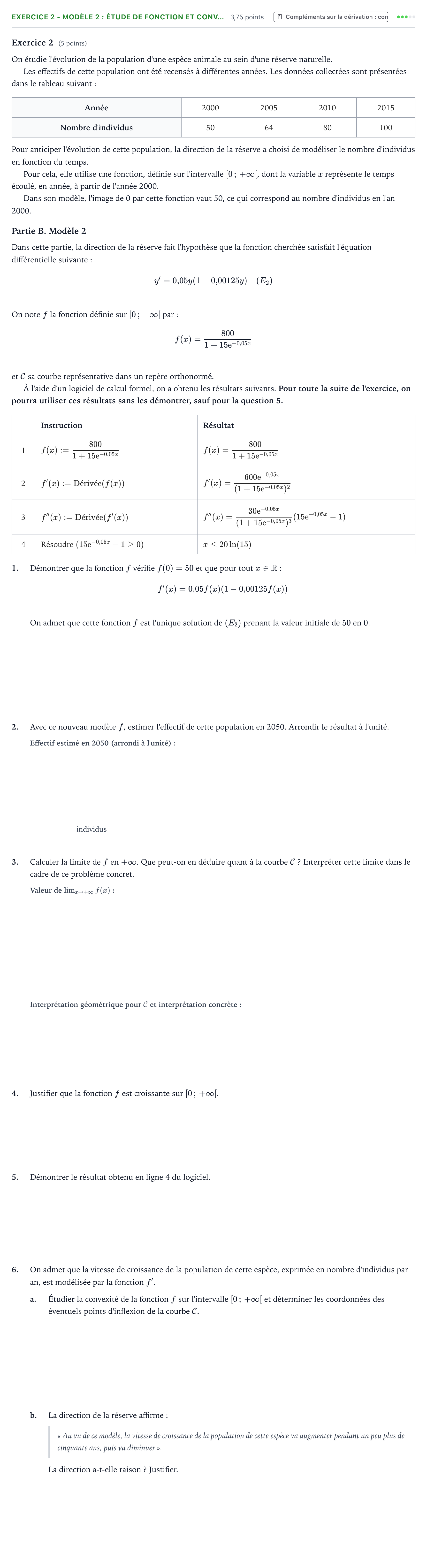Énoncé: Exercice 2 - Modèle 2 : étude de fonction et conv… · Bac Mathématiques Polynésie jour 1 - Remplacement 2025