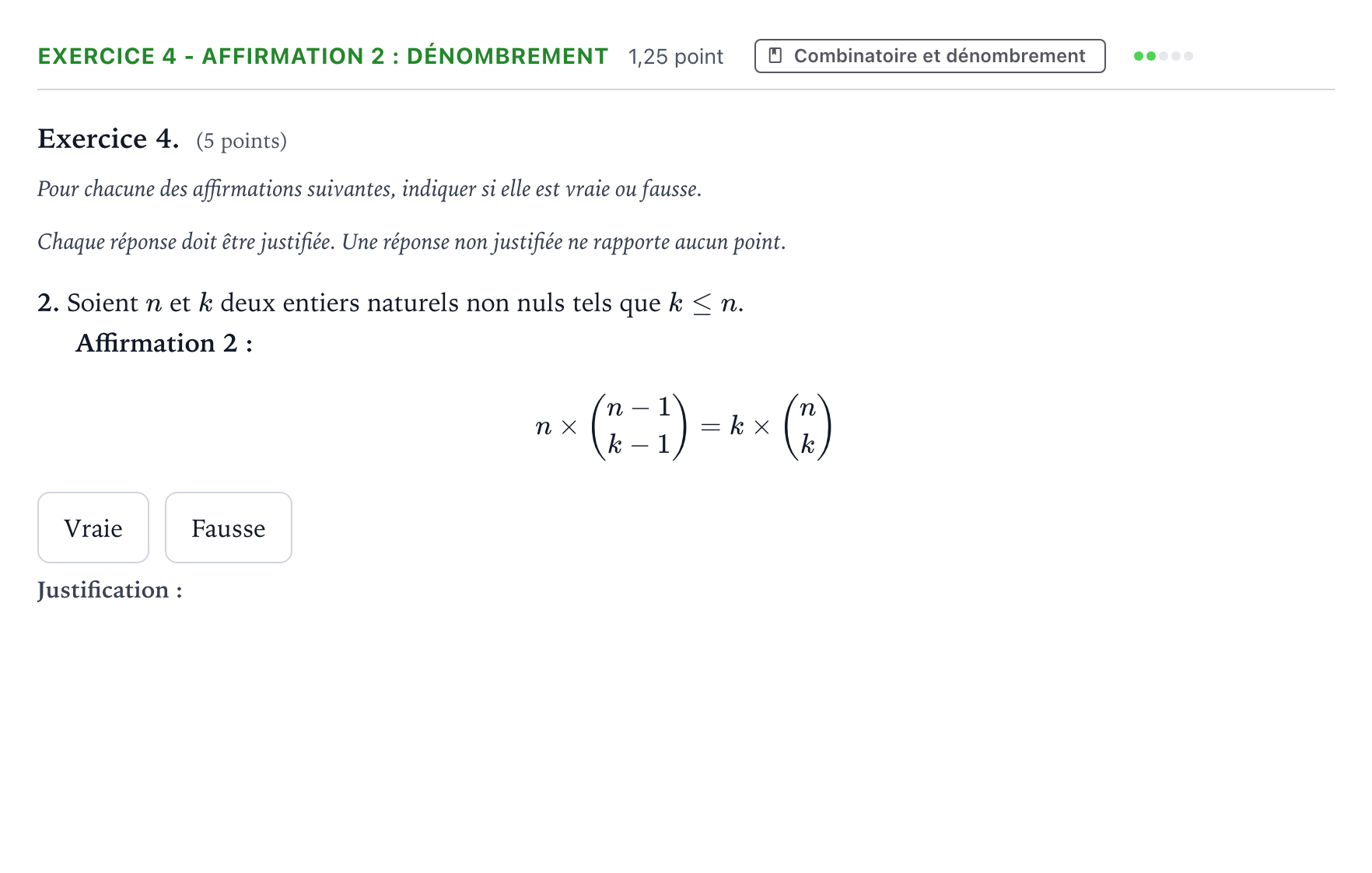 Énoncé: Exercice 4 - Affirmation 2 : Dénombrement · Bac Mathématiques Polynésie jour 1 - Remplacement 2025