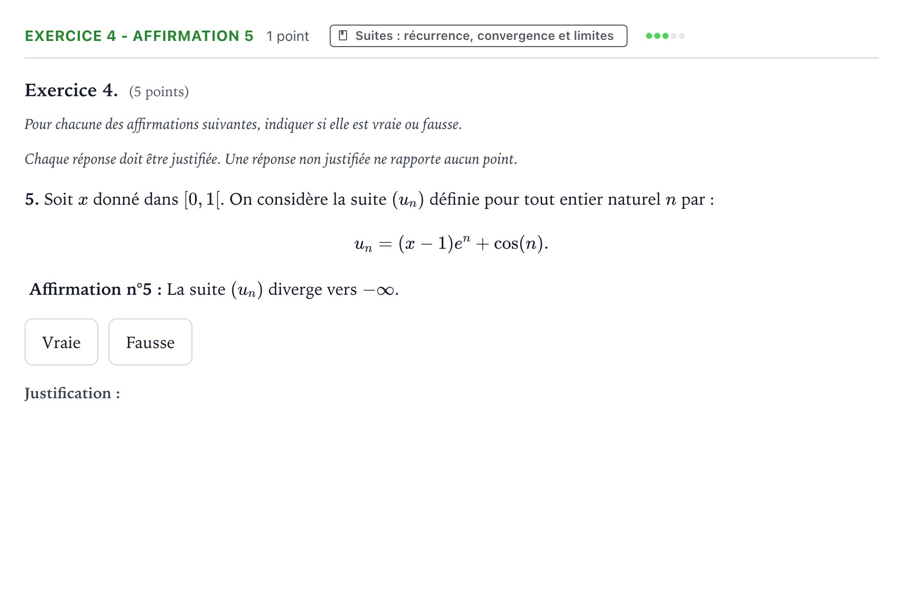 Énoncé: Exercice 4 - Affirmation 5 · Bac Mathématiques Polynésie 2025 (jour 2)