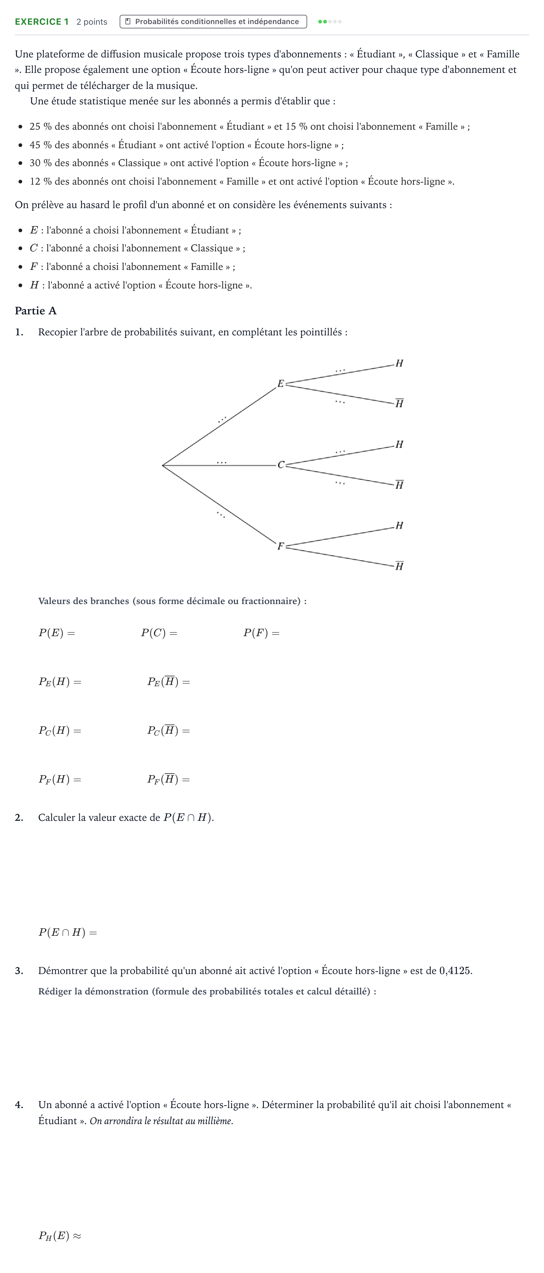 Énoncé: Exercice 1 - Probabilités conditionnelles · Bac Mathématiques Amérique du Nord 2026 (jour 1)