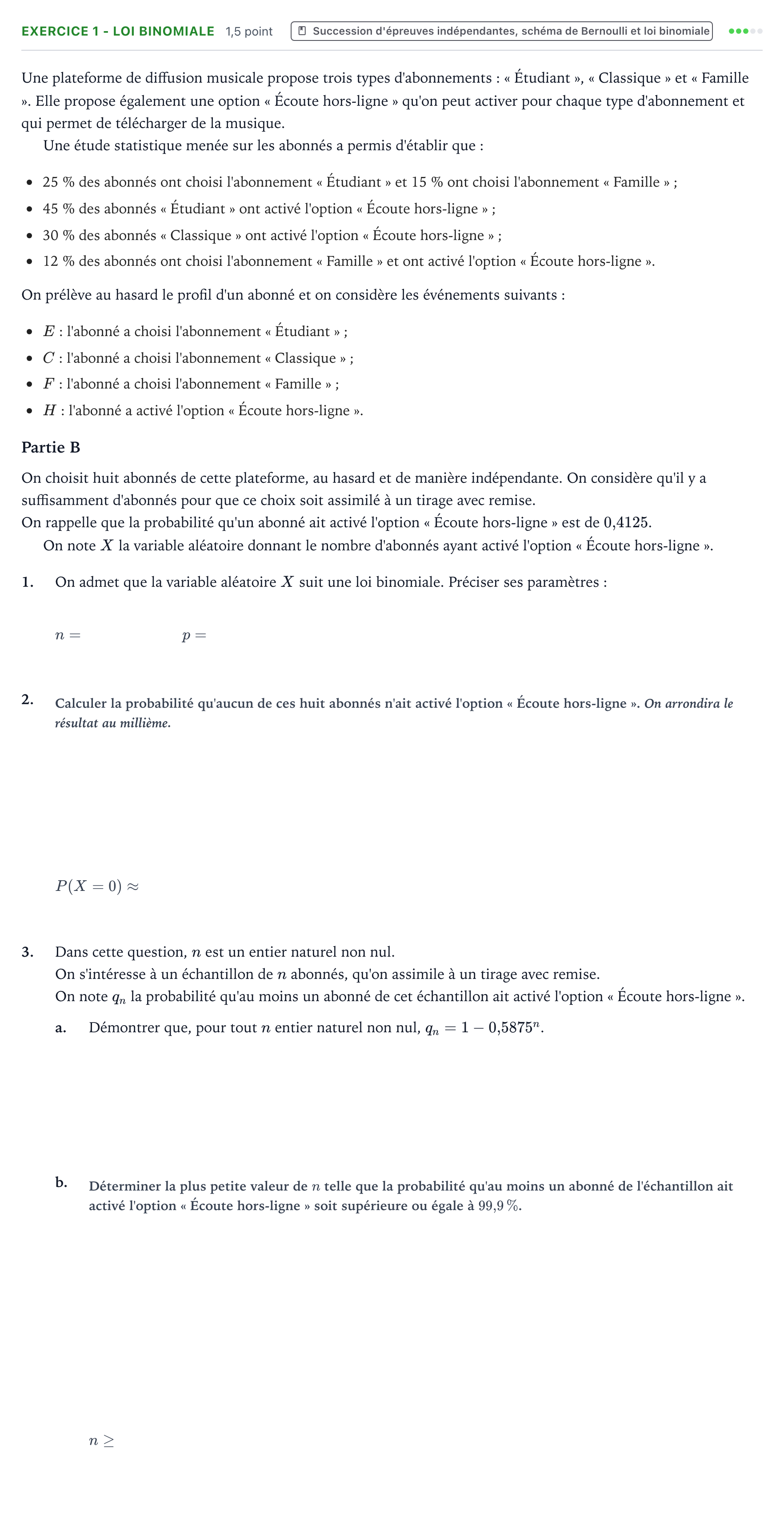Énoncé: Exercice 1 - Loi binomiale · Bac Mathématiques Amérique du Nord 2026 (jour 1)