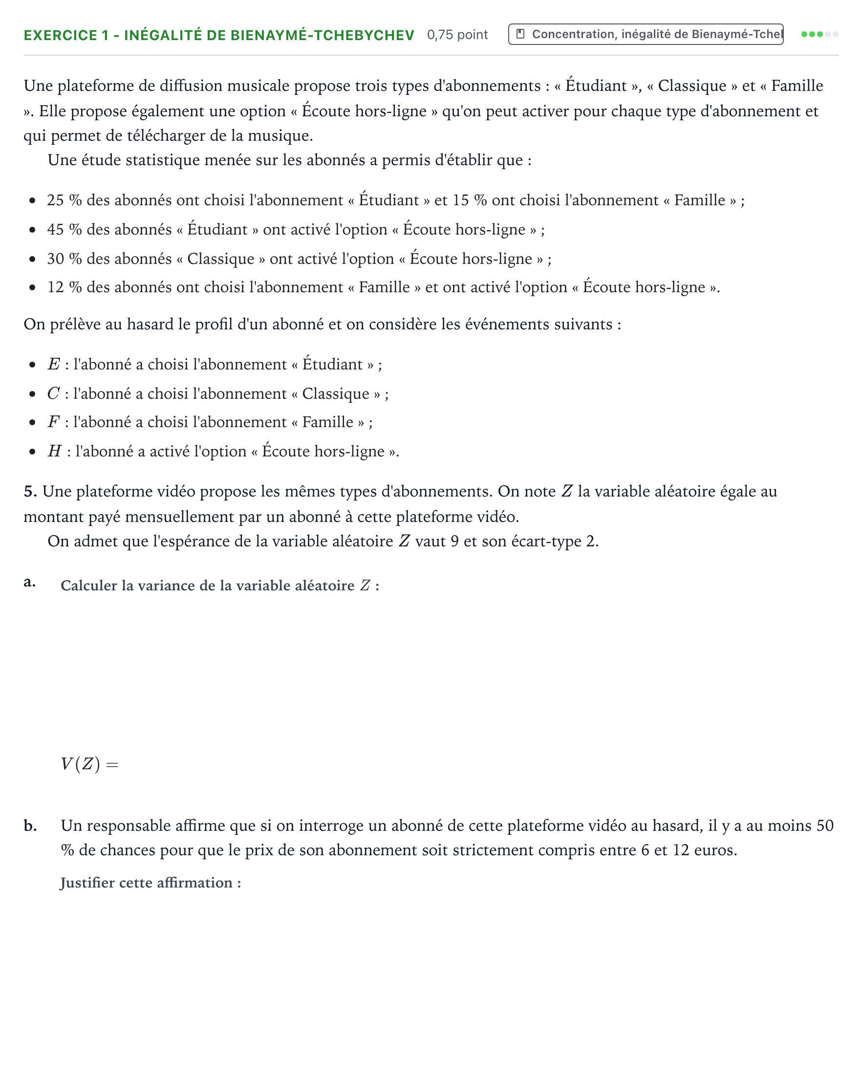 Énoncé: Exercice 1 - Inégalité de Bienaymé-Tchebychev · Bac Mathématiques Amérique du Nord 2026 (jour 1)