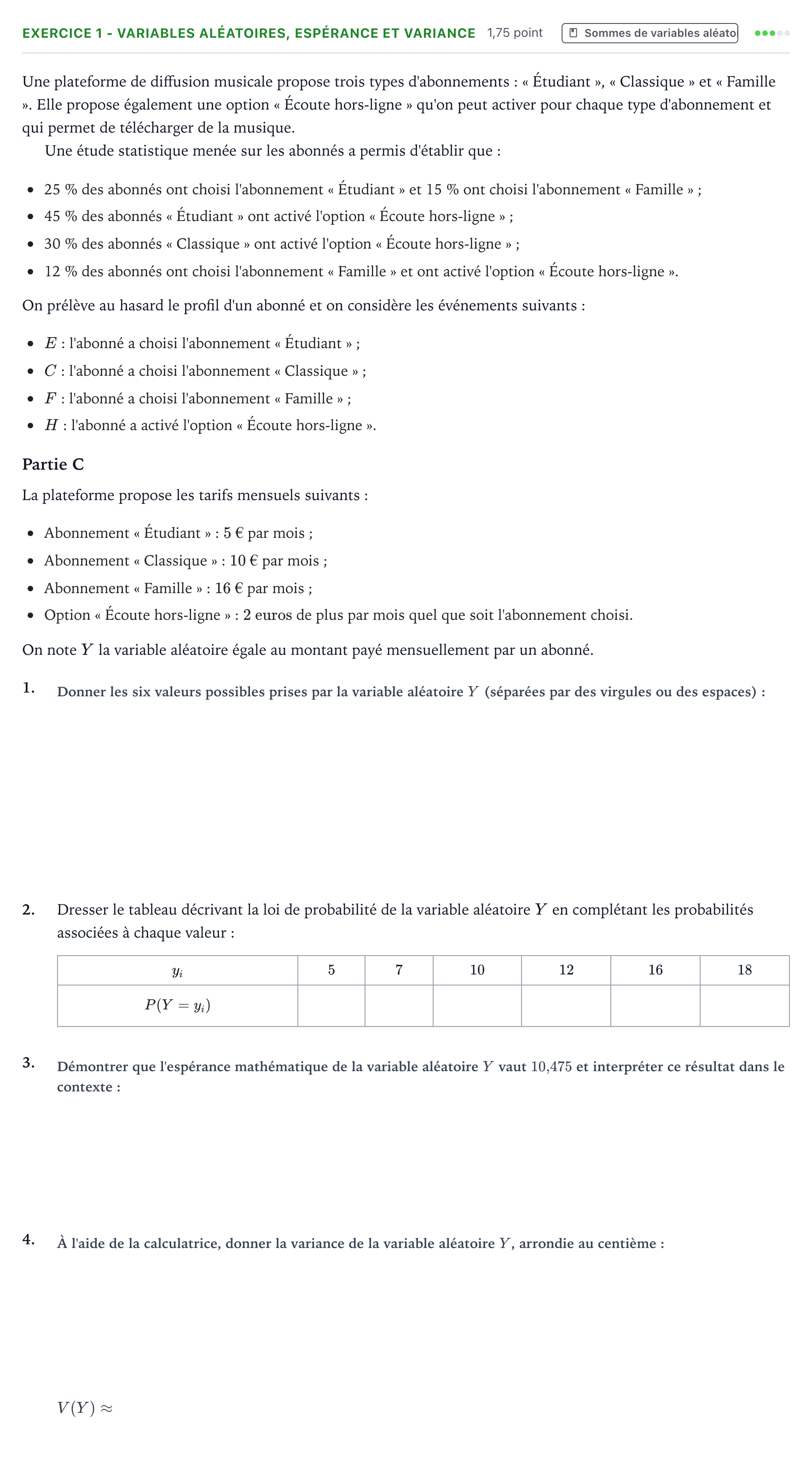 Énoncé: Exercice 1 - Variables aléatoires, espérance et variance · Bac Mathématiques Amérique du Nord 2026 (jour 1)