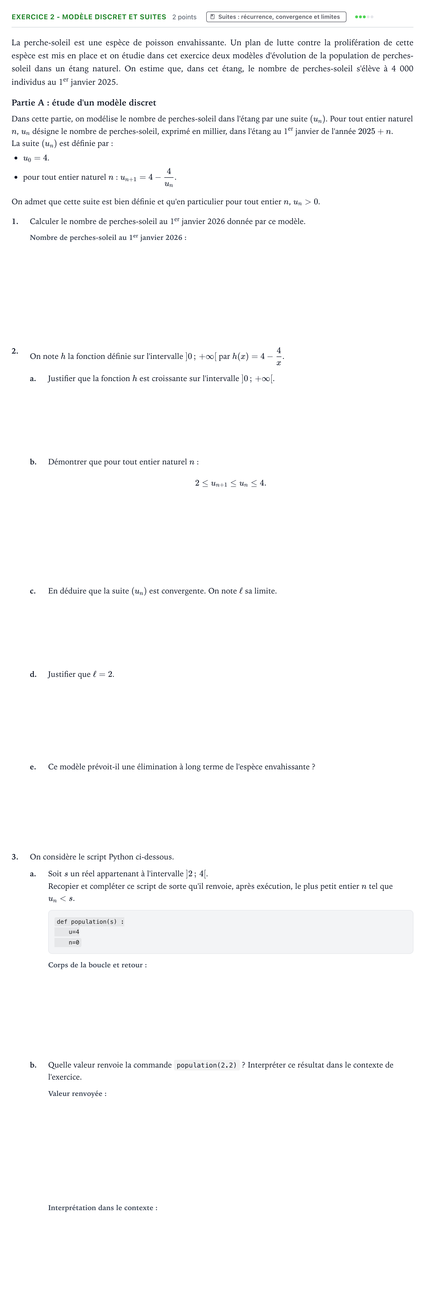 Énoncé: Exercice 2 - Modèle discret et suites · Bac Mathématiques Amérique du Nord 2026 (jour 1)