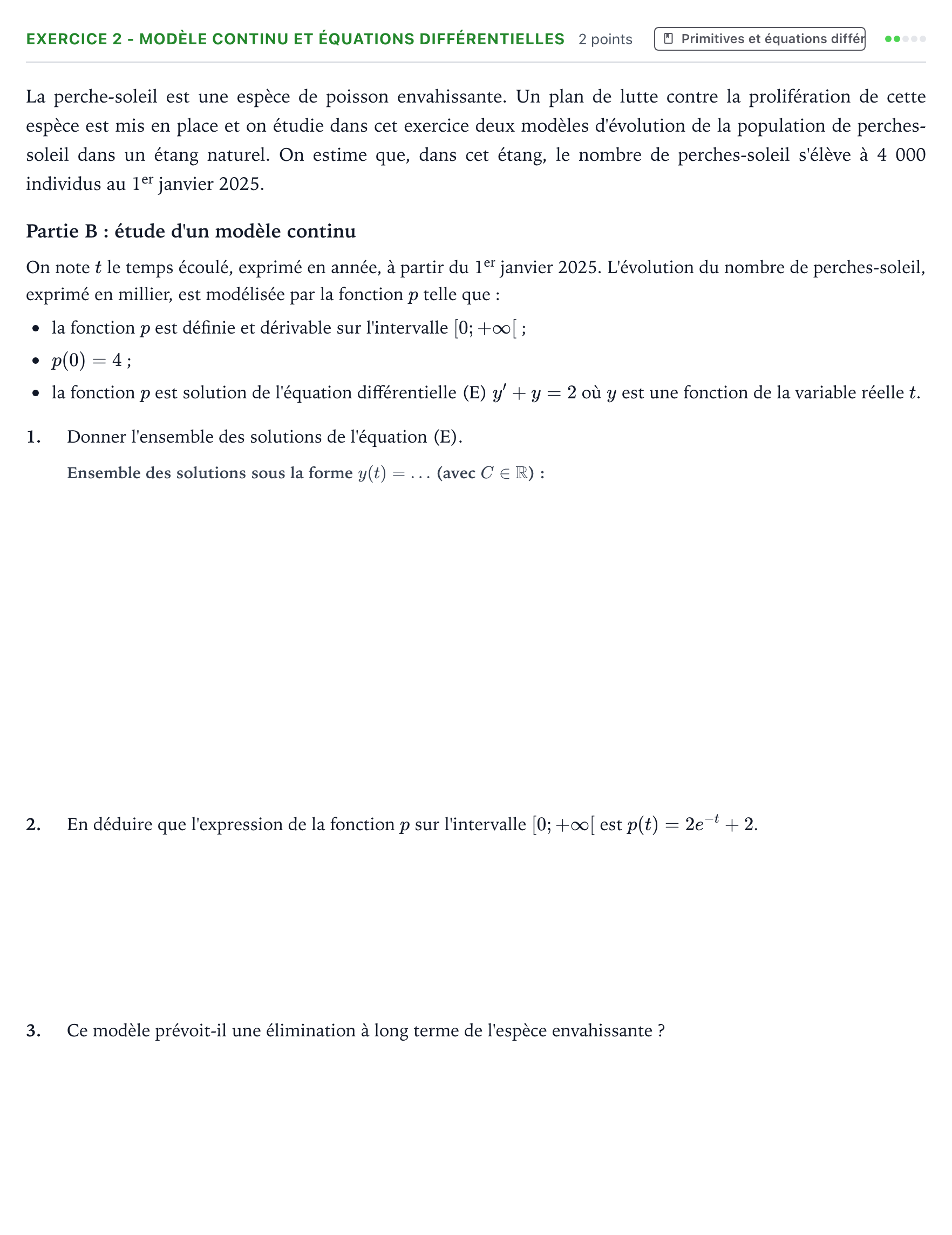 Énoncé: Exercice 2 - Modèle continu et équations différentielles · Bac Mathématiques Amérique du Nord 2026 (jour 1)