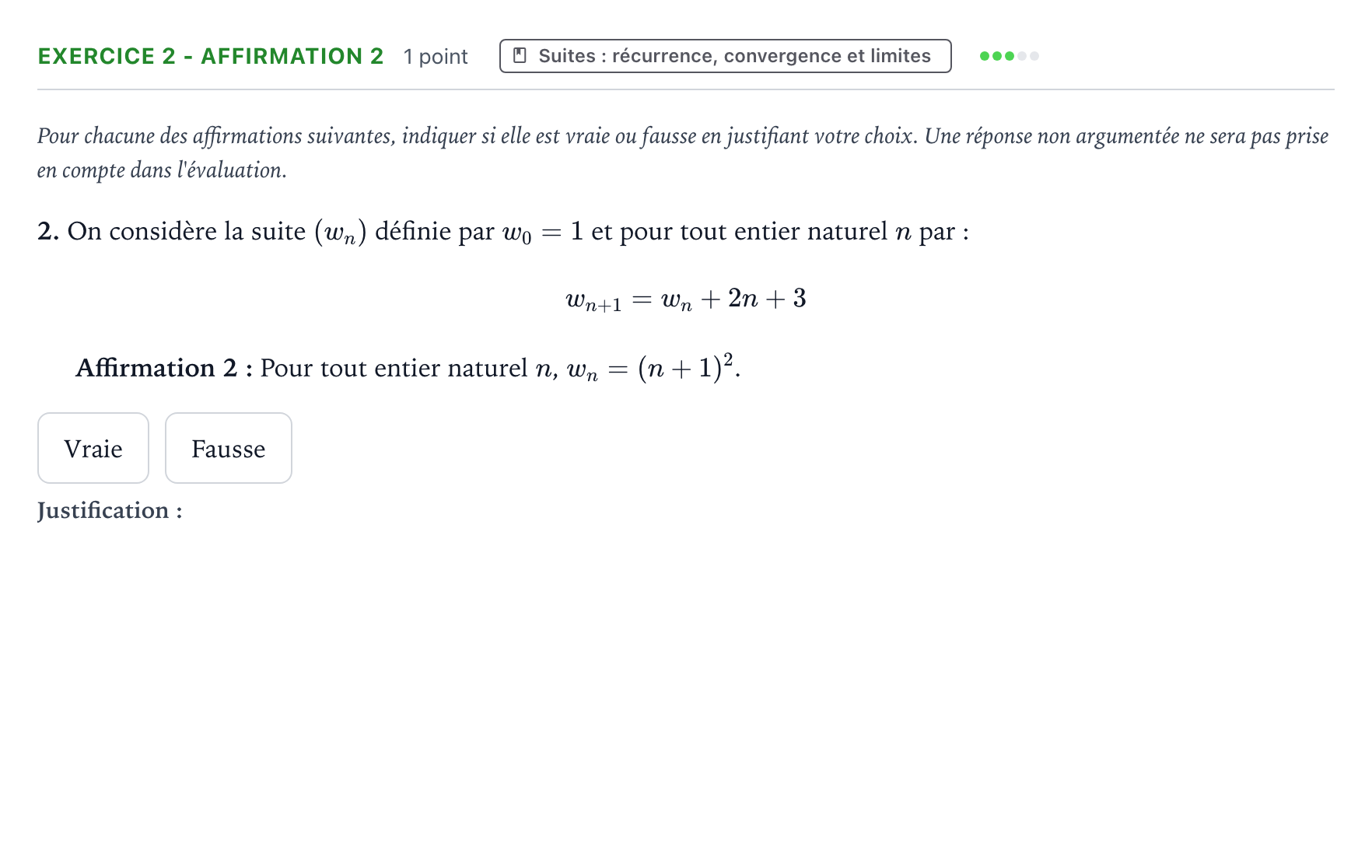 Énoncé: Exercice 2 - Affirmation 2 · Bac Mathématiques Asie 2026 (jour 1)