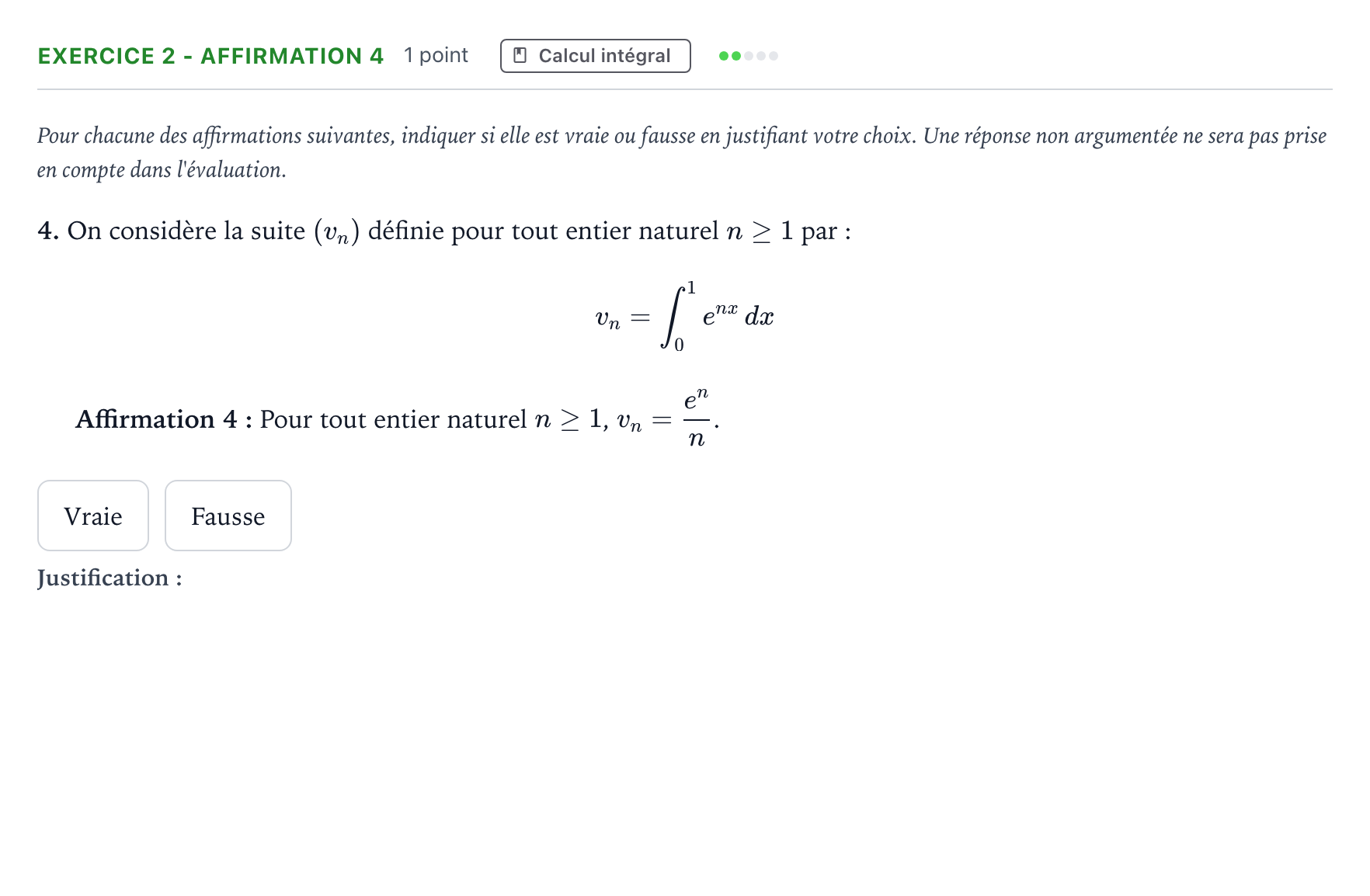 Énoncé: Exercice 2 - Affirmation 4 · Bac Mathématiques Asie 2026 (jour 1)