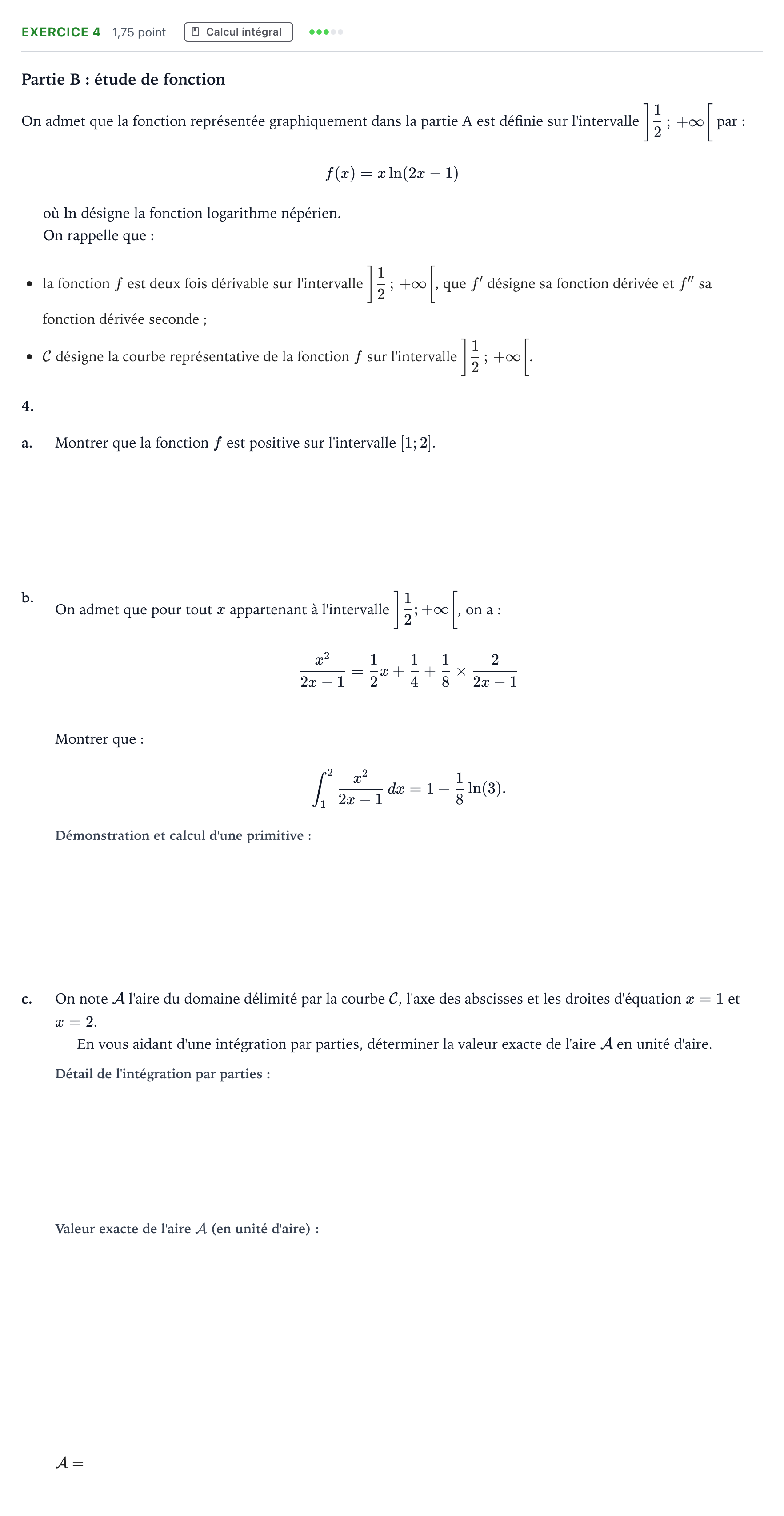 Énoncé: Exercice 4 - Calcul intégral · Bac Mathématiques Antilles-Guyane 2026 (jour 1)