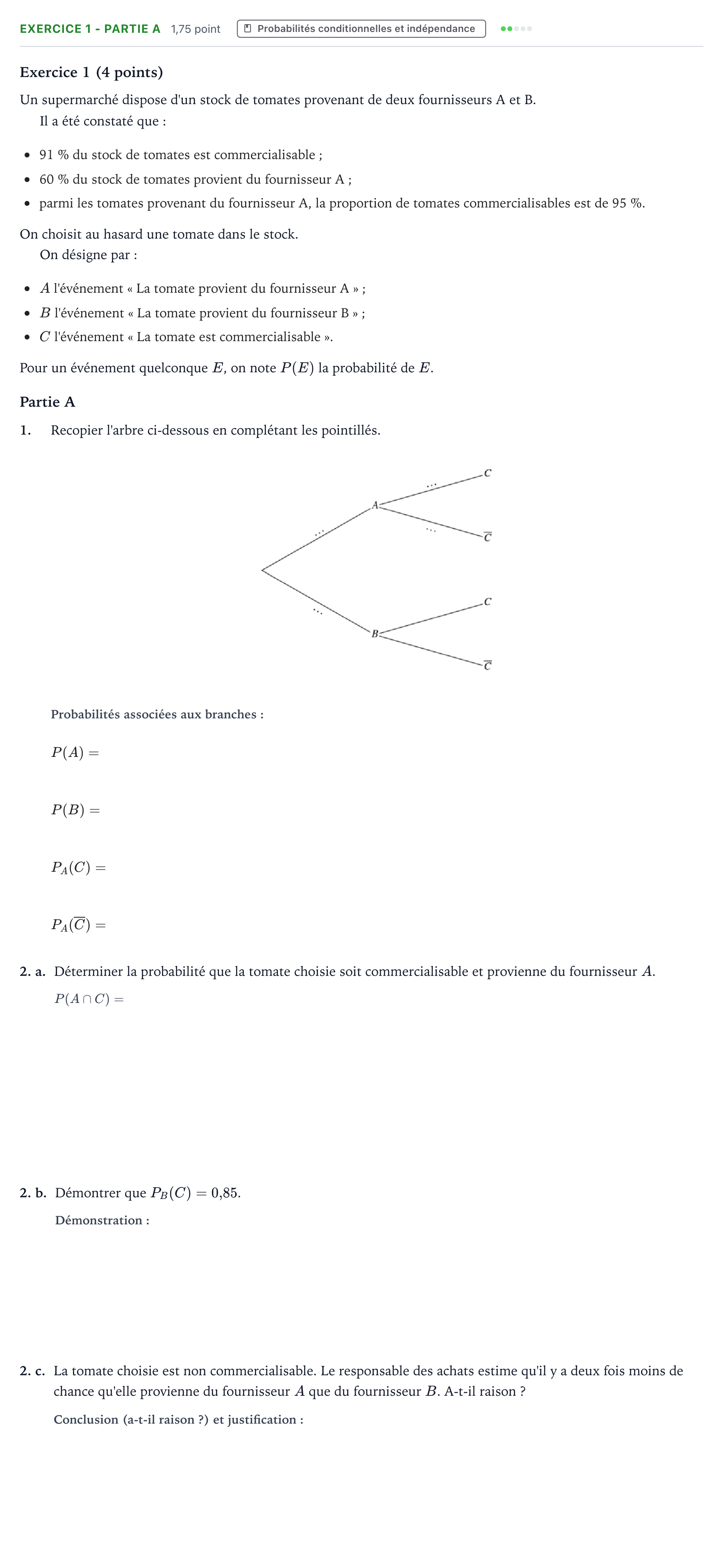 Énoncé: Exercice 1 - Partie A · Bac Mathématiques Amérique du Nord 2026 (jour 2)