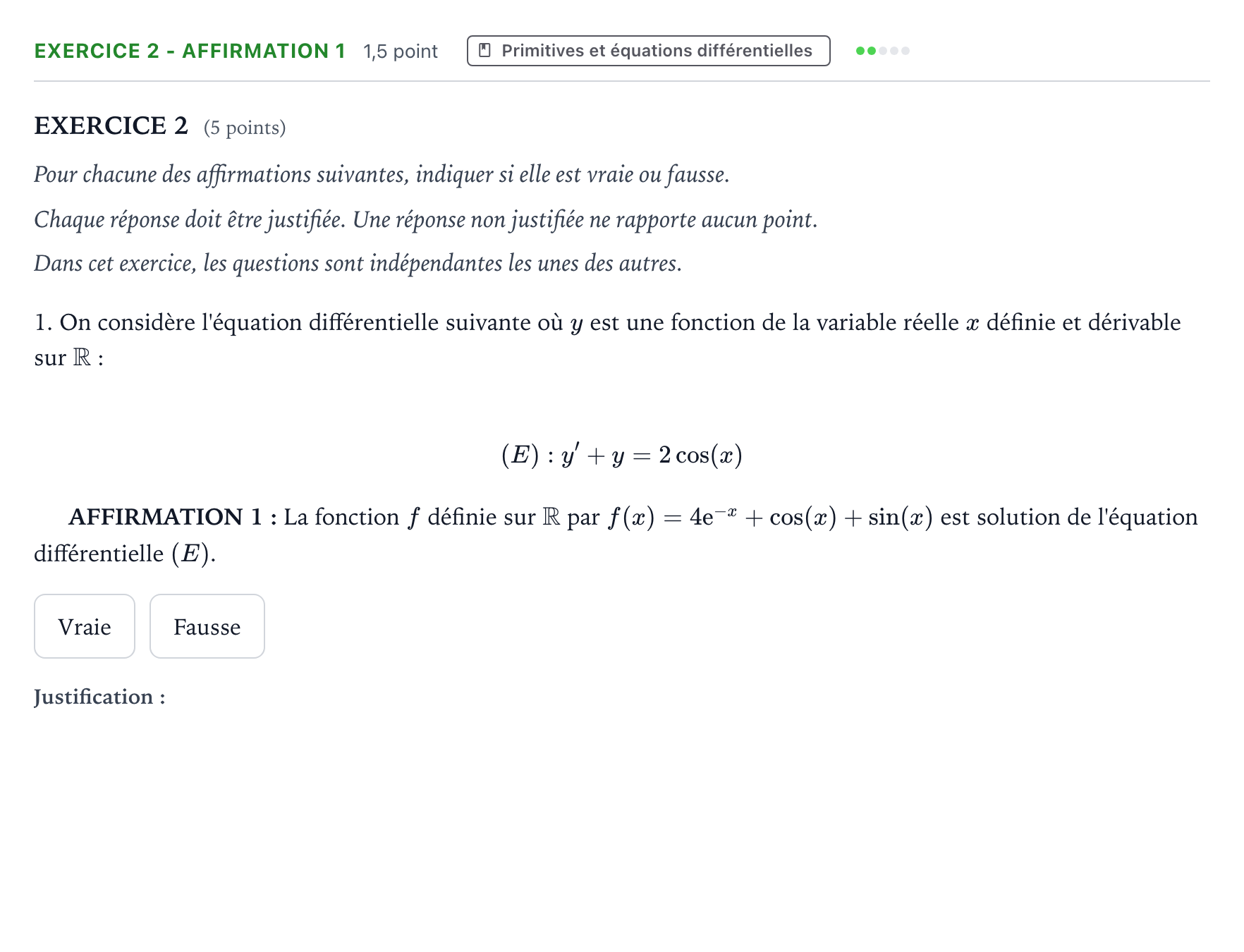 Énoncé: Exercice 2 - Affirmation 1 · Bac Mathématiques Centres étrangers (Afrique) 2026 (jour 1)