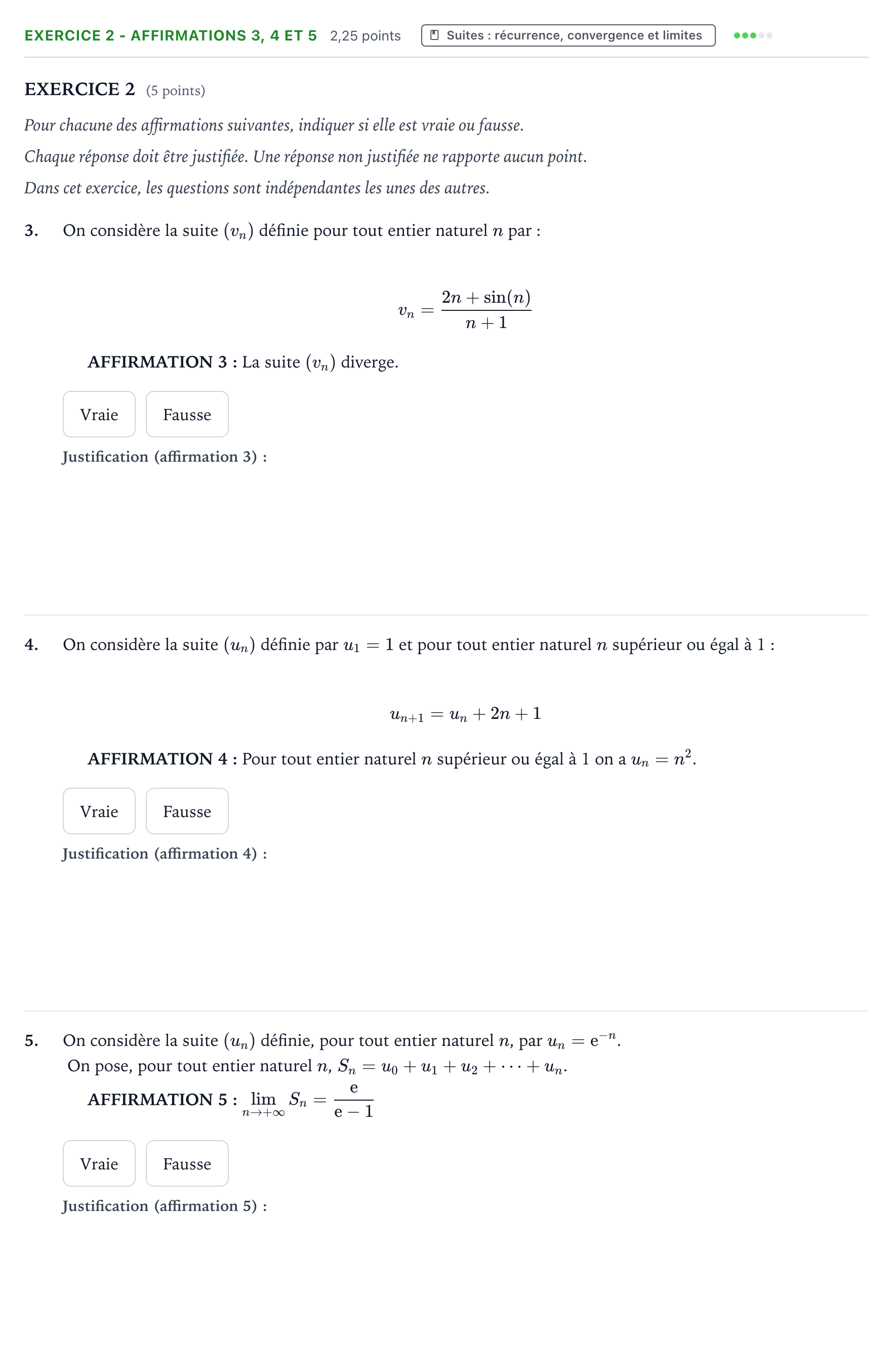 Énoncé: Exercice 2 - Affirmations 3, 4 et 5 · Bac Mathématiques Centres étrangers (Afrique) 2026 (jour 1)