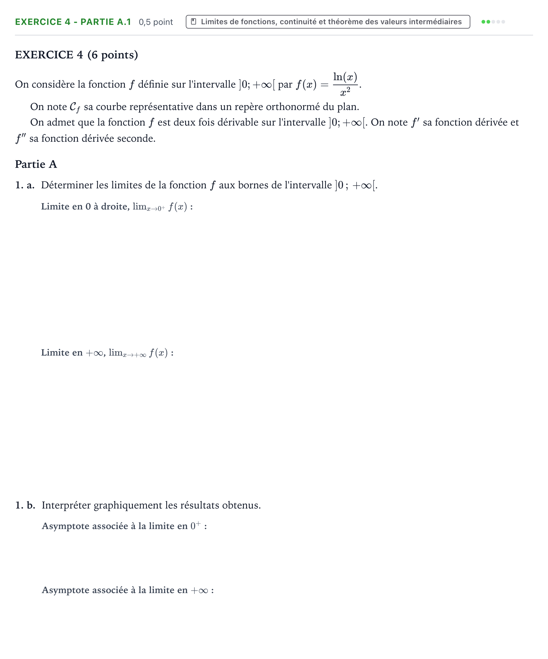Énoncé: Exercice 4 - Partie A.1 · Bac Mathématiques Centres étrangers (Afrique) 2026 (jour 1)