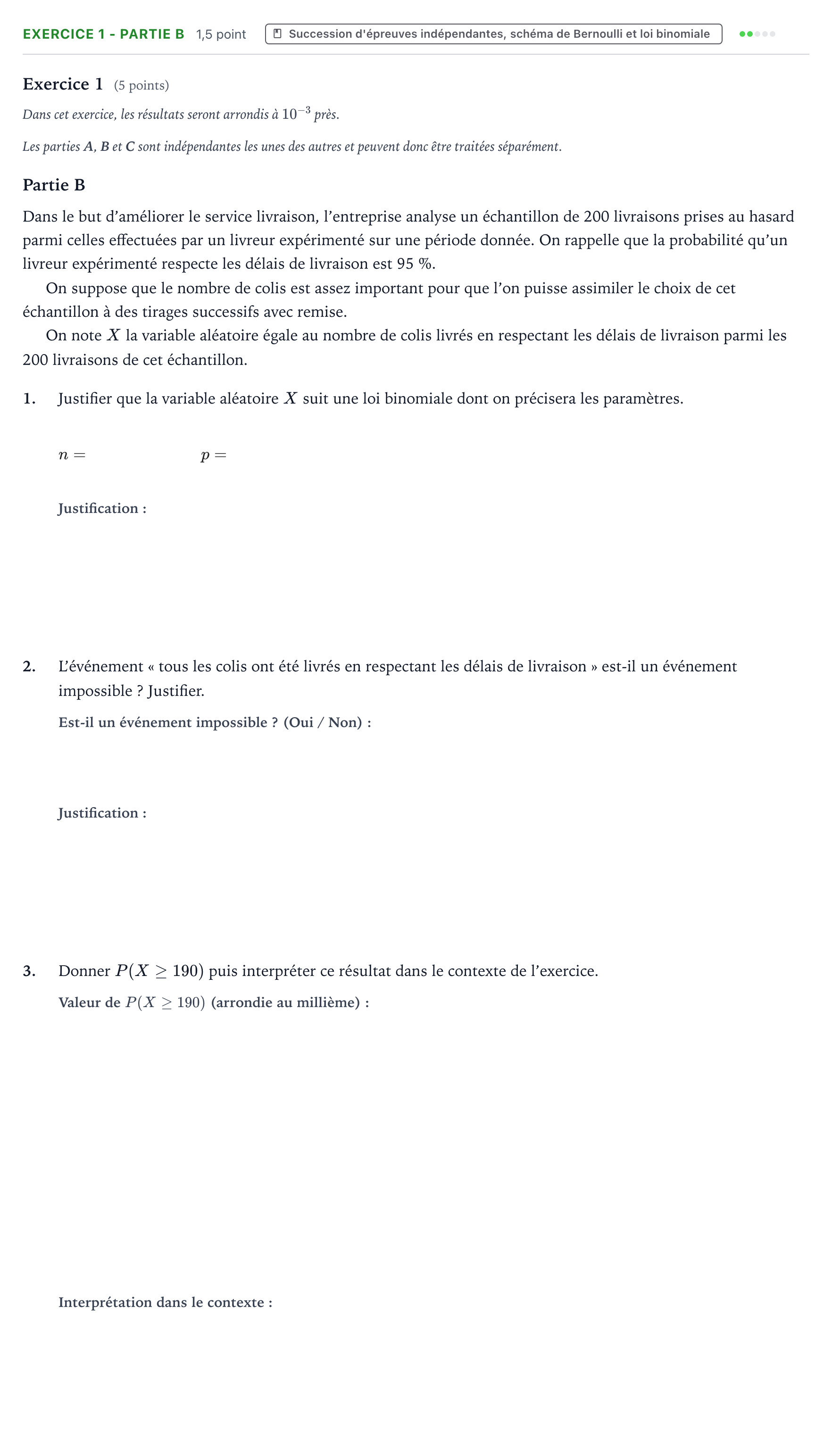 Énoncé: Exercice 1 - Partie B · Bac Mathématiques Métropole 1 remplacement 2026