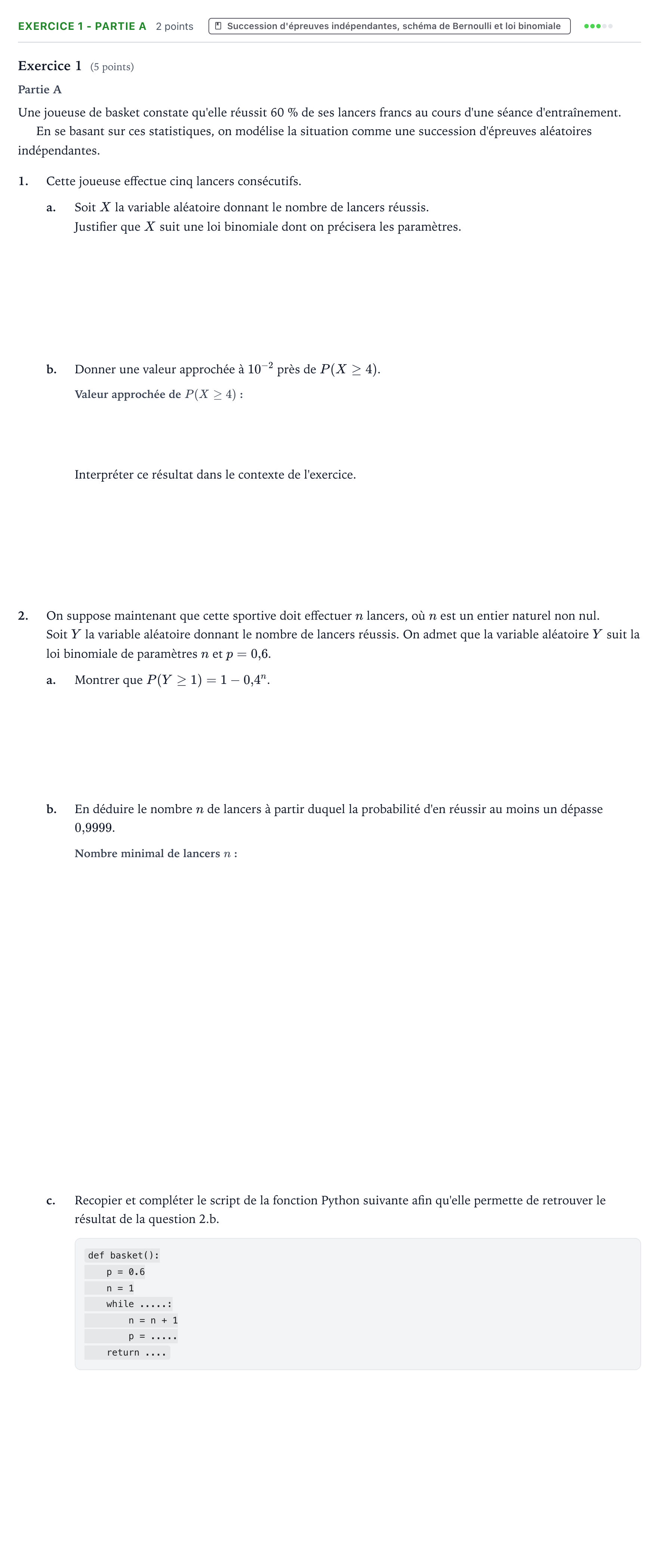 Énoncé: Exercice 1 - Partie A · Bac Mathématiques Métropole 2 remplacement 2026